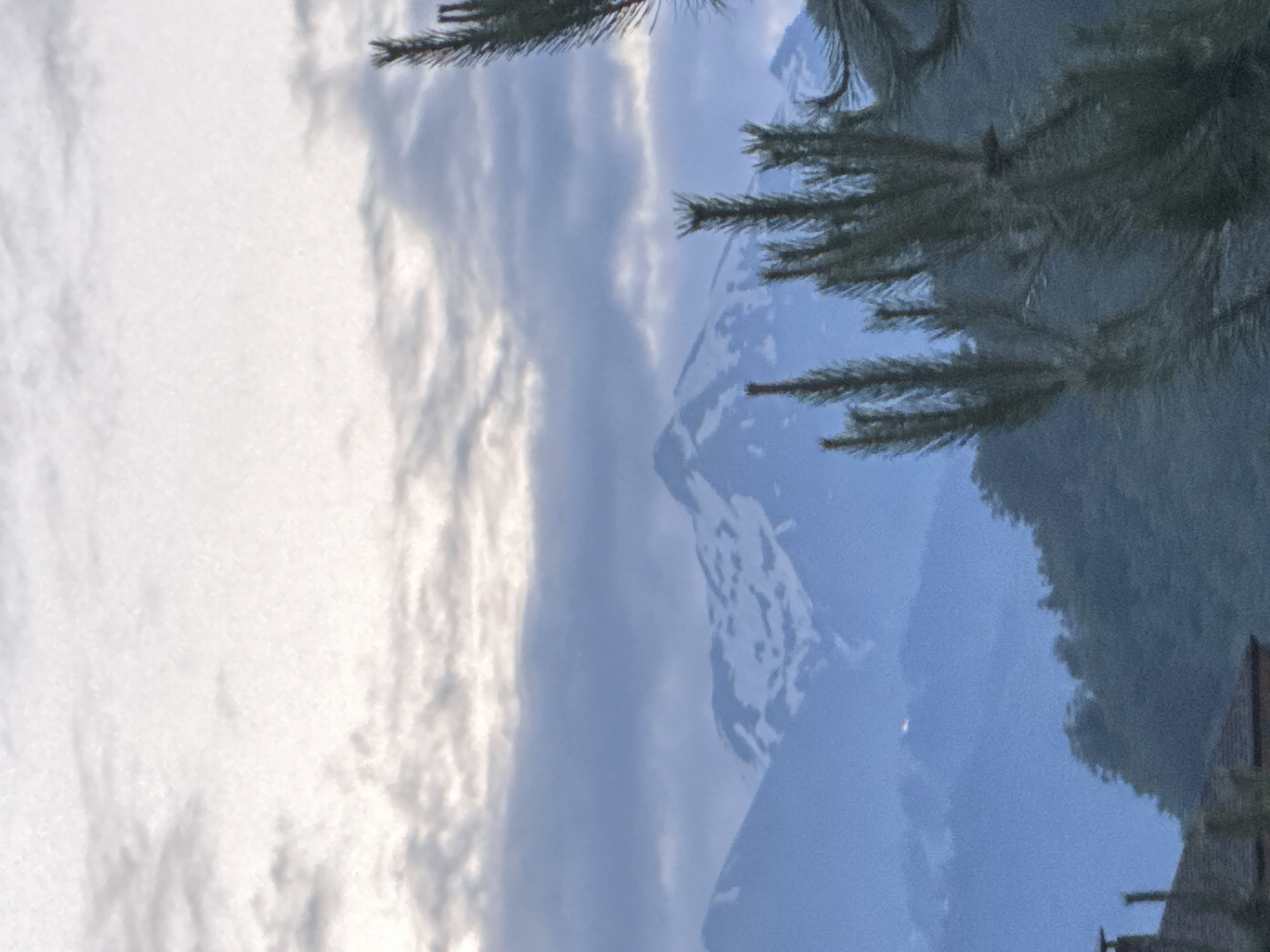 This is a vertical, medium-shot photograph taken during daylight, likely at dusk, in Krasnaya Polyana, Russia. The image depicts a hazy mountain landscape with snow-capped peaks in the background. In the foreground, a portion of a dark green coniferous tree is visible on the right side of the frame. The sky is overcast with a mix of white and gray clouds, with a bright area suggesting the sun is low on the horizon or obscured by clouds. In the distance, there is a faint, small light source visible in the sky, possibly an aircraft or a distant light. The lower portion of the image shows a dark, forested hillside with a building structure and chimney visible on the far left. The overall atmosphere is muted and serene, with a sense of depth created by the layering of the landscape elements and the atmospheric haze.