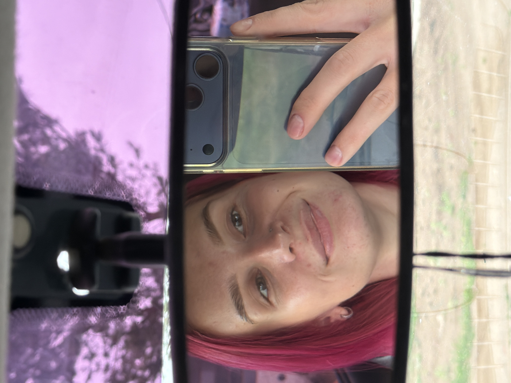 A woman with bright pink hair is taking a selfie in a car's rearview mirror. She is smiling and holding a smartphone in her right hand, which is positioned to capture the reflection. The rearview mirror is framed by the car's interior, with the upper portion showing a blurred purple-tinted view of the sky and trees, possibly through a tinted window or a car's sun visor. The woman's face is the main subject, with her eyes looking into the mirror and her phone. The background reflected in the lower part of the mirror shows a blurred view of the outside environment, suggesting the car is in motion or parked. The scene is illuminated by natural light.