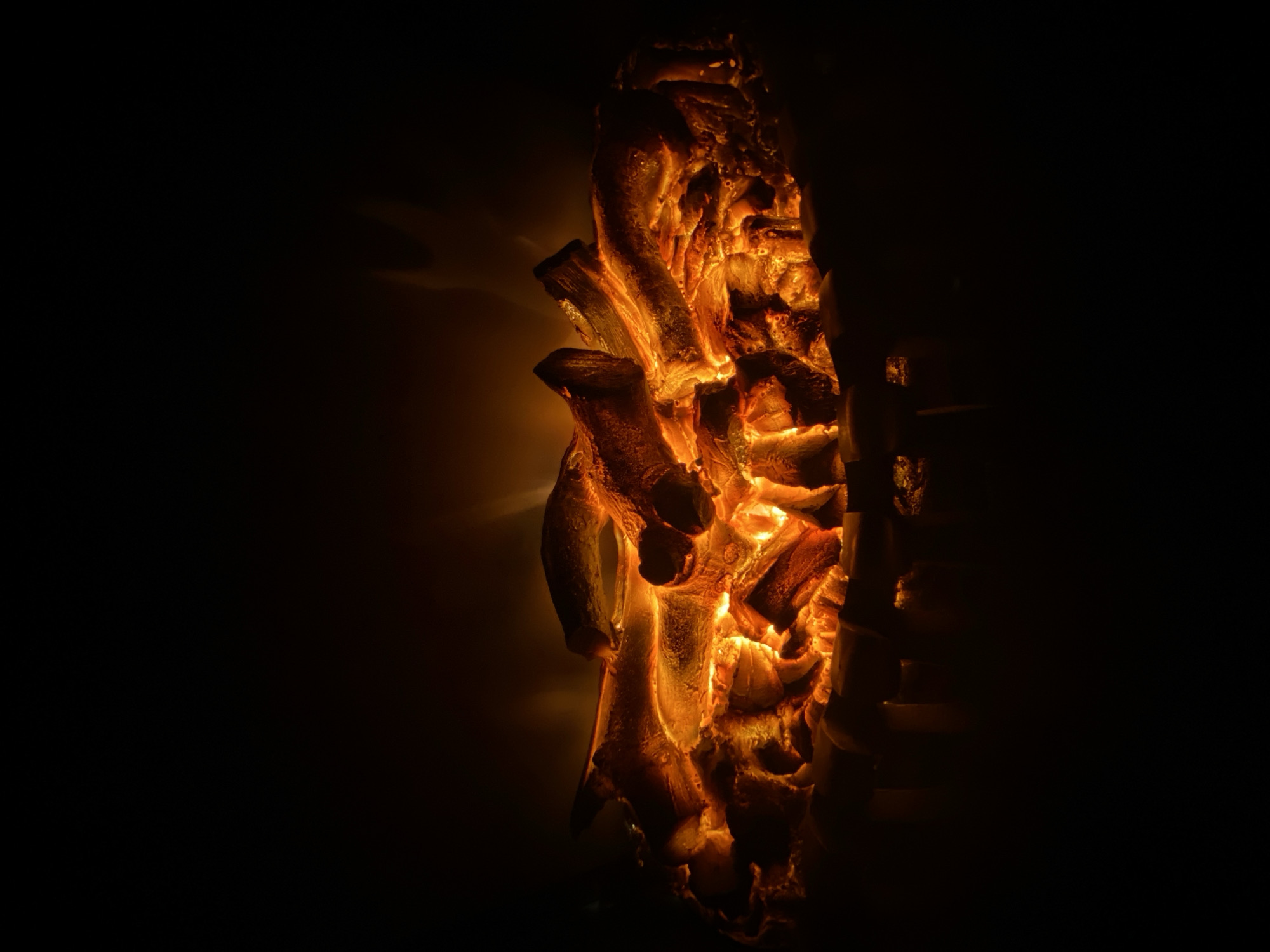 A long, vaguely tree-like object is centrally positioned in the image, intensely lit from behind in shades of orange and yellow, set against a dark background. The object has a gnarled, textured surface. The lighting casts a hazy glow onto the adjacent surfaces. The scene's location cannot be determined from the visual information provided. No people, actions, or interactions are depicted.