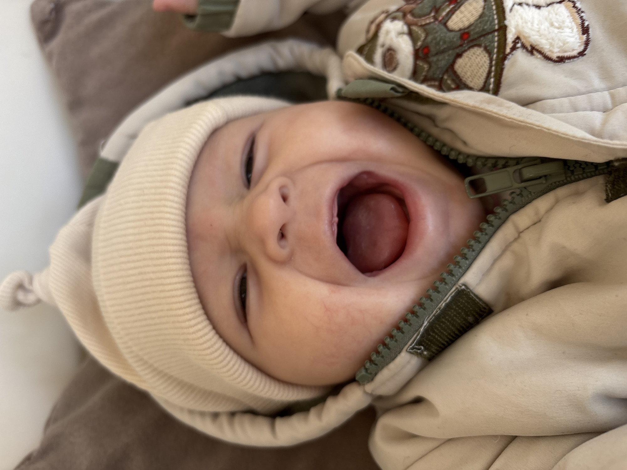 A close-up, high-angle shot captures a baby lying on a brown cushion. The infant wears a cream-colored knit hat and a beige jacket with a green zipper. The baby’s mouth is wide open, seemingly yawning or crying. No information suggests the image was taken in Sochi, Russia.