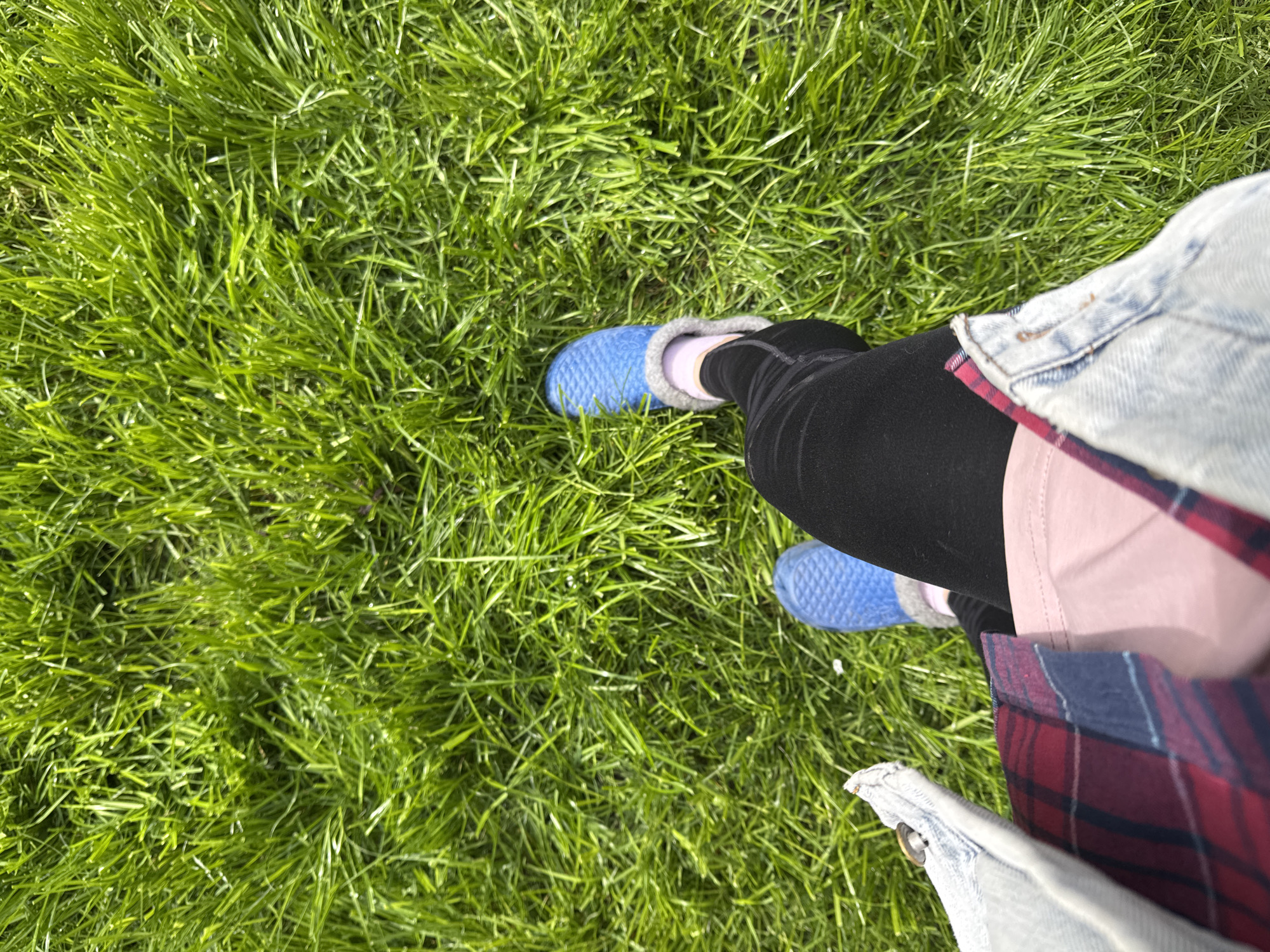 A person stands on green grass. The person wears black leggings, blue slippers with gray lining, pink socks, a pink shirt, and a denim jacket with a red and blue plaid lining. The photo is taken from a high angle, looking down at the person's feet and legs. The grass appears to be well-maintained. No location in Rostov-on-Don, Russia, is indicated.