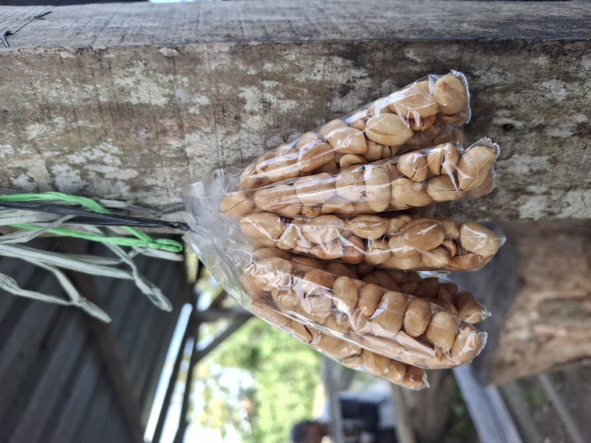 A close-up, outdoor shot captures several small, clear plastic bags filled with peanuts hanging from green and white strings tied to a rough wooden post. The post is on the right side of the frame, showing weathered texture and lichen growth. In the blurred background, a rustic wooden structure with a dark roof is visible, suggesting an outdoor market or roadside stall. Behind that, lush green foliage and a hint of sky indicate a natural or semi-rural environment. A person, out of focus and wearing a dark cap, is seated to the left, adding a human element to the scene. The peanuts, golden brown and plump, are the central focus, neatly arranged within their transparent packaging. The overall impression is one of a simple, locally sourced food item displayed for sale in a casual outdoor setting.