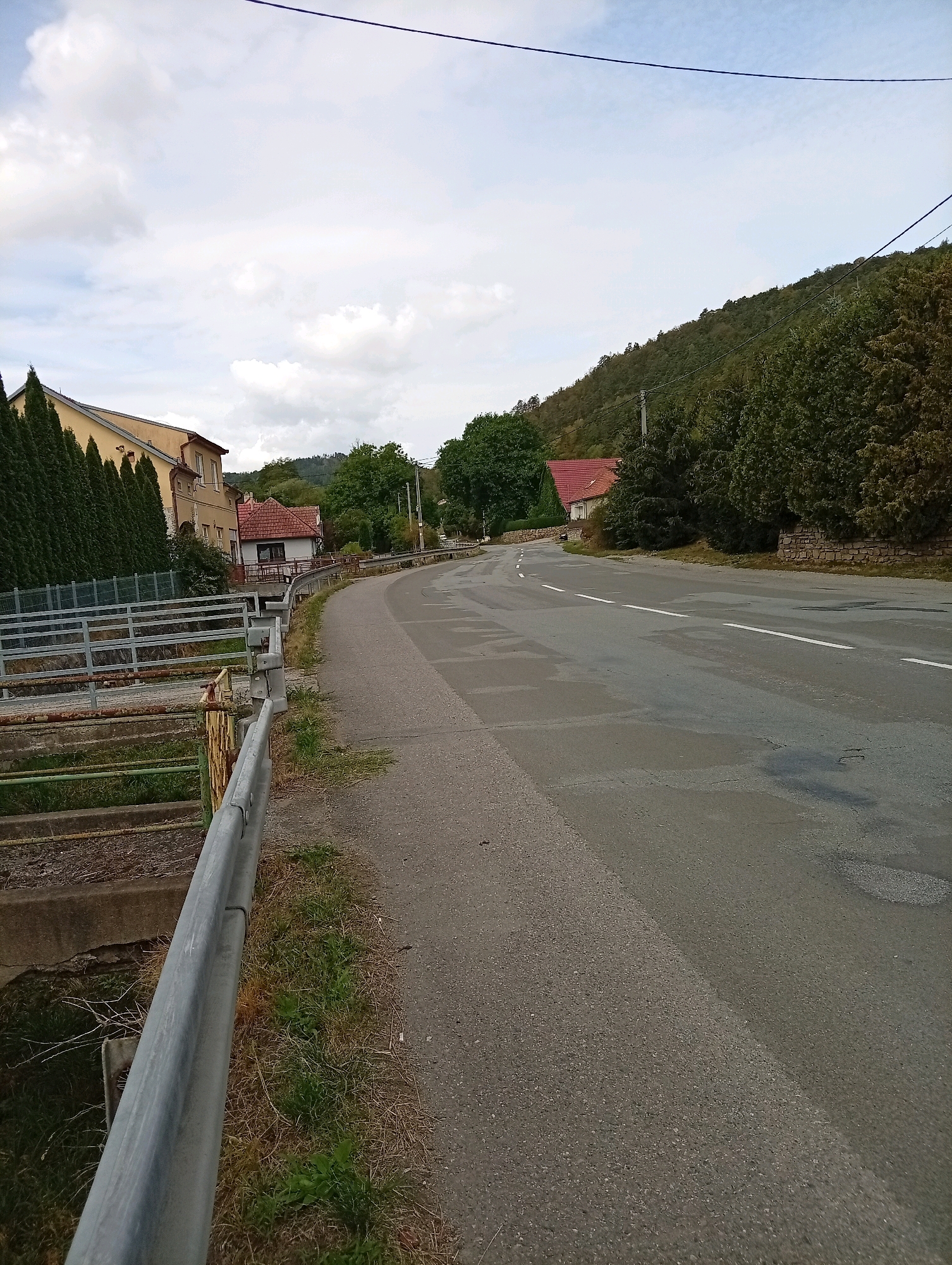 This is a daytime, eye-level, outdoor, full shot of a road curving through a village. The road is paved and has a white dividing line. On the left, there is a metal guardrail next to a dry creek bed. Behind the guardrail are two parallel rows of metal railings, and beyond that, a building with a yellow facade, a pitched roof, and rows of evergreen trees. Further down the road on the left, there is a smaller building with a red tile roof. On the right side of the road, there is a dense line of trees and bushes climbing up a hillside, with some stone wall structures interspersed. The sky is partly cloudy. There are no people or animals visible in the image. The scene depicts a rural road in Borač, Czechia, with residential buildings and natural landscape.