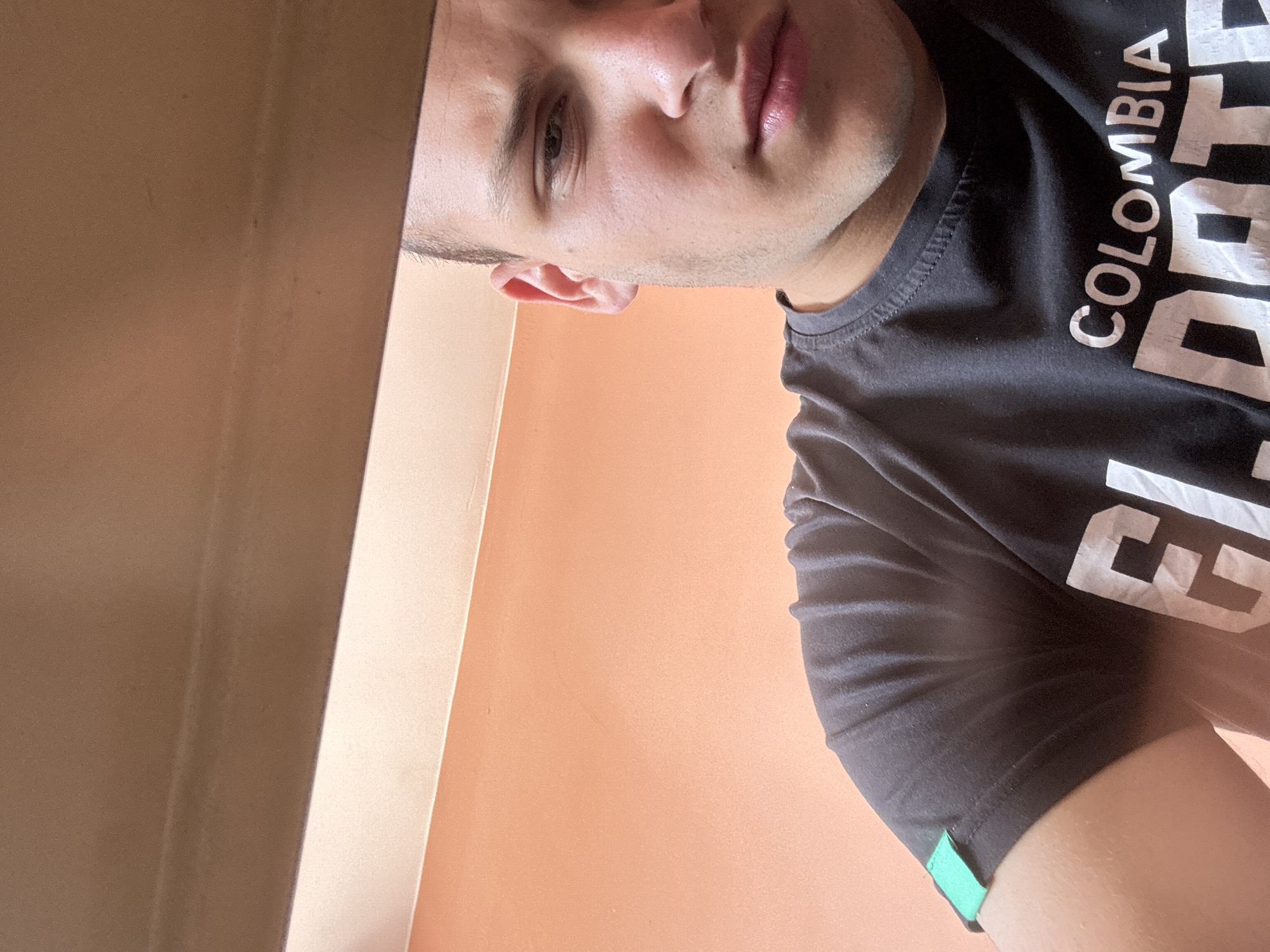 The image is a portrait of a person, likely a young male, framed from an upward angle and rotated 90 degrees counter-clockwise. The individual's face, specifically his right eye, nose, and mouth, is visible on the left side of the frame, with his right ear also in view. He has fair skin, dark hair, and visible stubble along his jawline. His lips are slightly parted, and he maintains a neutral expression while looking towards the viewer.
He is wearing a dark, possibly black, crew-neck t-shirt. The word "COLOMBIA" is printed vertically in white uppercase letters on the front of the shirt, along with a partial view of another large white letter or number below it. A small, bright green fabric tag is visible on the cuff of his right sleeve.
The background features a plain, light peach or orange-colored wall. To the right of the frame, a light-colored, possibly white, vertical structure suggests a door frame or a pillar, creating a partial border. The lighting appears bright and even, indicating an indoor setting. No specific activity is depicted other than posing for the photograph. The text "COLOMBIA" is the most notable location cue.