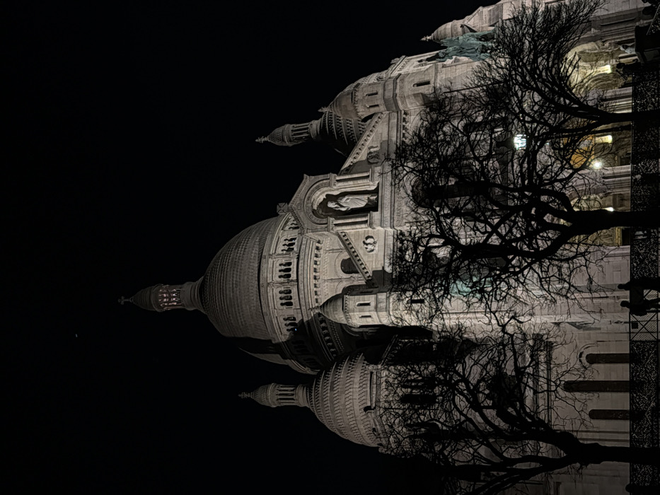 An illuminated Sacré-Cœur Basilica stands against a dark sky, captured at night. The architectural details of the domes and towers are visible. In the foreground, bare trees with intricate branches create a silhouette, partially obscuring the building's façade. Silhouettes of figures appear on the right side near a fence.