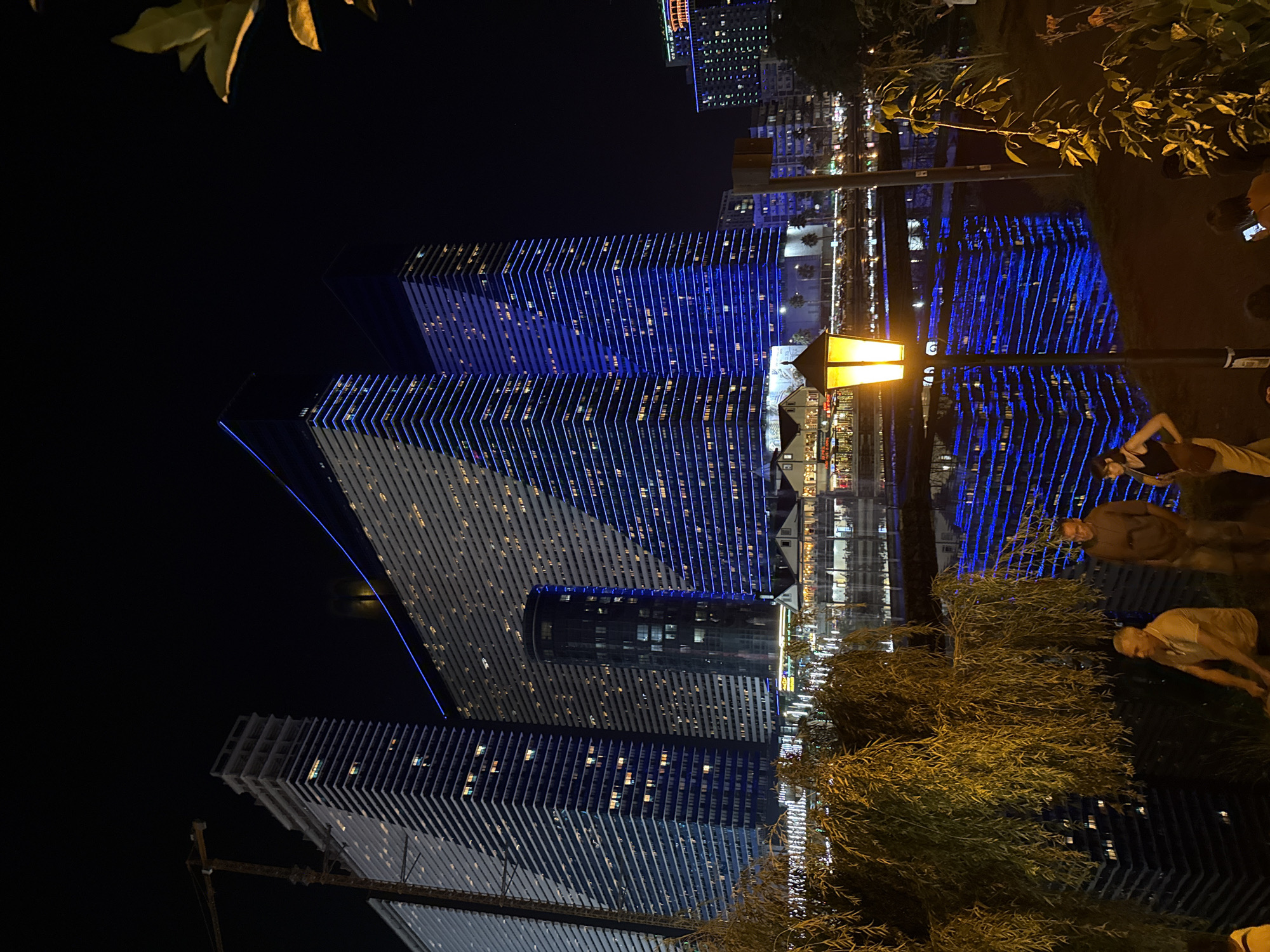 An outdoor, nighttime, low-angle, medium shot captures a row of illuminated skyscrapers in an urban setting with a body of water in the foreground. The skyscrapers, varying in height and architectural style, are adorned with blue and white lights that reflect in the dark water. A single lamppost, with an illuminated yellow lantern, stands to the right of the frame, casting a warm glow on the surrounding foliage. In the foreground, three people are visible: one man in a light-colored shirt and dark pants, another man in a brown hooded sweatshirt and dark pants, and a woman in a dark top and light-colored pants. They are positioned near the water's edge, with the man in the light-colored shirt appearing to be sitting and the other two standing. The background is a dark night sky, with some faint lights visible in the distance, suggesting further urban development.
