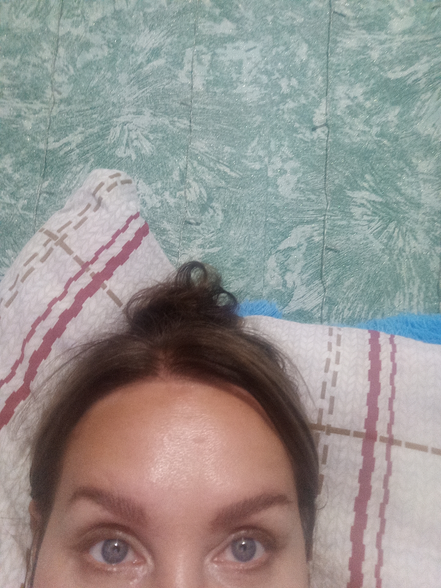 The image shows a close-up view of a person's face, specifically their forehead, eyes, and hair, lying on a pillow. The pillow has a pattern of pink and brown stripes on a white background. Behind the pillow, there is a light green textured surface, possibly a wall or bedding, with a faint pattern. The person's hair is dark brown and is tied up in a bun. Their eyes are open, and the irises appear to be light blue or grey. The lighting suggests an indoor setting, likely a bedroom. The scene is devoid of any context that would indicate its location within Novopokrovka, Russia.