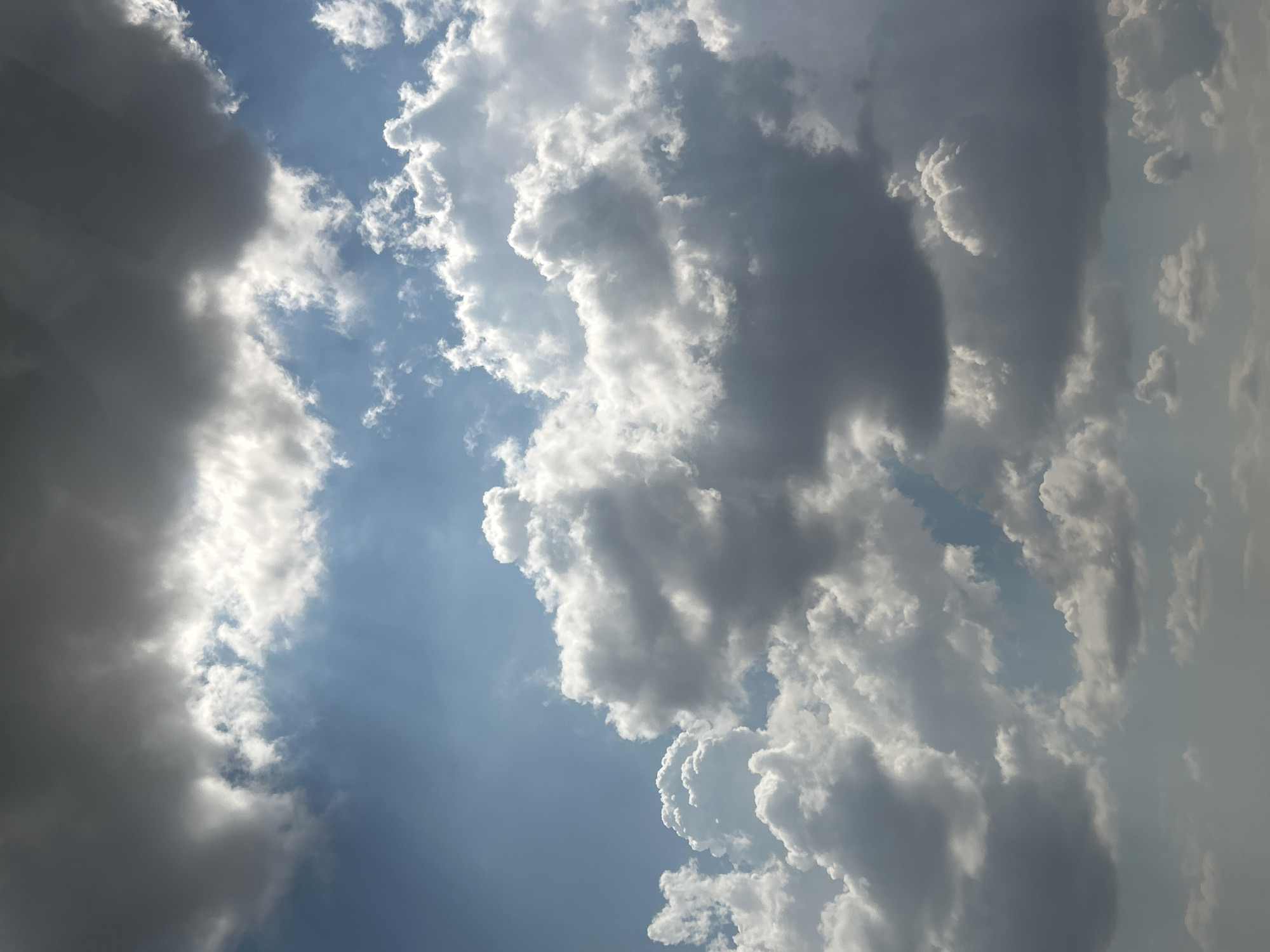 This is a photograph of a dramatic sky filled with a variety of clouds. The scene is dominated by a mix of dark, heavy storm clouds and bright, puffy cumulus clouds, suggesting a dynamic and potentially changing weather system. The lighting indicates it is daytime, with sunlight breaking through in some areas, illuminating the edges of the white clouds and casting shadows. The blue sky is visible in patches between the cloud formations, ranging from a light azure to a deeper shade in the distance. The overall impression is one of natural beauty and the power of the elements, with the clouds creating a sense of depth and texture. There are no people or man-made objects visible in the frame, focusing entirely on the sky. The weather appears to be unsettled, possibly transitioning from fair to stormy or vice versa. The location context of Zagortsi, Bulgaria, does not offer specific visual cues within the image itself, as the photograph solely depicts the sky.
