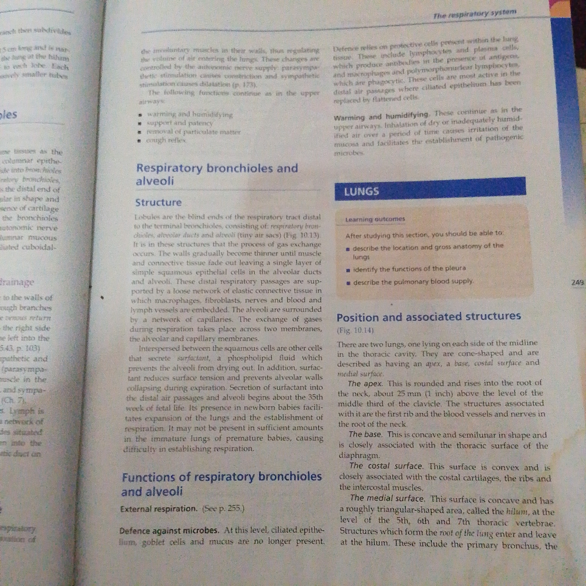 The media file displays a textbook page discussing the respiratory system. The page is divided into two columns of text, with headings such as "Respiratory bronchioles and alveoli," "Structure," "Functions of respiratory bronchioles and alveoli," "LUNGS," and "Position and associated structures." The text is black on a white background. There are no people or objects other than the book itself. The scene is a flat surface, likely a table or desk, where the book is placed. The lighting is even, suggesting an indoor setting, possibly a study or library. No time of day or weather is discernible. The location context of Jalingo, Nigeria is not evident from the image itself.
The visible text includes anatomical terms related to the lungs and respiratory system, such as "alveoli," "bronchioles," "capillaries," "surfactant," "diaphragm," and "hilum." There is also a page number, "249," visible in the bottom right corner of the right column. The overall tone of the text is informative and educational. No specific emotions are conveyed.