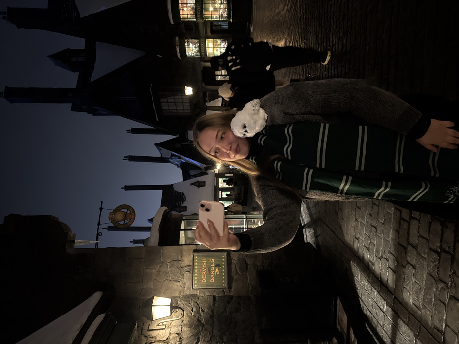 The image displays a nighttime scene at Universal Studios Beijing, specifically within the Hogsmeade Village area of The Wizarding World of Harry Potter, located in Tongzhou District, Beijing, China.
A young adult female is positioned in the foreground, slightly right of center, holding a light-colored smartphone (possibly pink/rose gold) in her extended right hand, angled towards herself, indicating a selfie. She has long brown hair and is wearing a dark grey knit cardigan over a dark top, with a green and silver-striped scarf featuring light stripes draped around her neck. A white plush snowy owl with yellow eyes rests on her left shoulder. Her left hand is partially visible in the lower right quadrant.
To the immediate left, a textured stone wall features a square, bronze-colored lantern emitting warm light. Below it, a rectangular sign with a dark background and gold-colored text reads "DERVISH AND BANGES," accompanied by a horizontal striped pattern. The ground beneath the subject is a dark, wet-looking cobblestone path, reflecting ambient light.
In the midground and background, a series of dark, multistory buildings with steep, angular, and snow-dusted roofs, characteristic of the themed village, extend into the frame. Multiple chimneys are visible on the rooftops. Some windows emit warm yellow light, while others are dark. A circular sign depicting an owl on a perch is suspended above the street between two buildings. The sky above is a dark blue-grey. Further down the cobblestone path, several indistinct figures are visible, including one person in dark clothing and white shoes walking away from the camera.