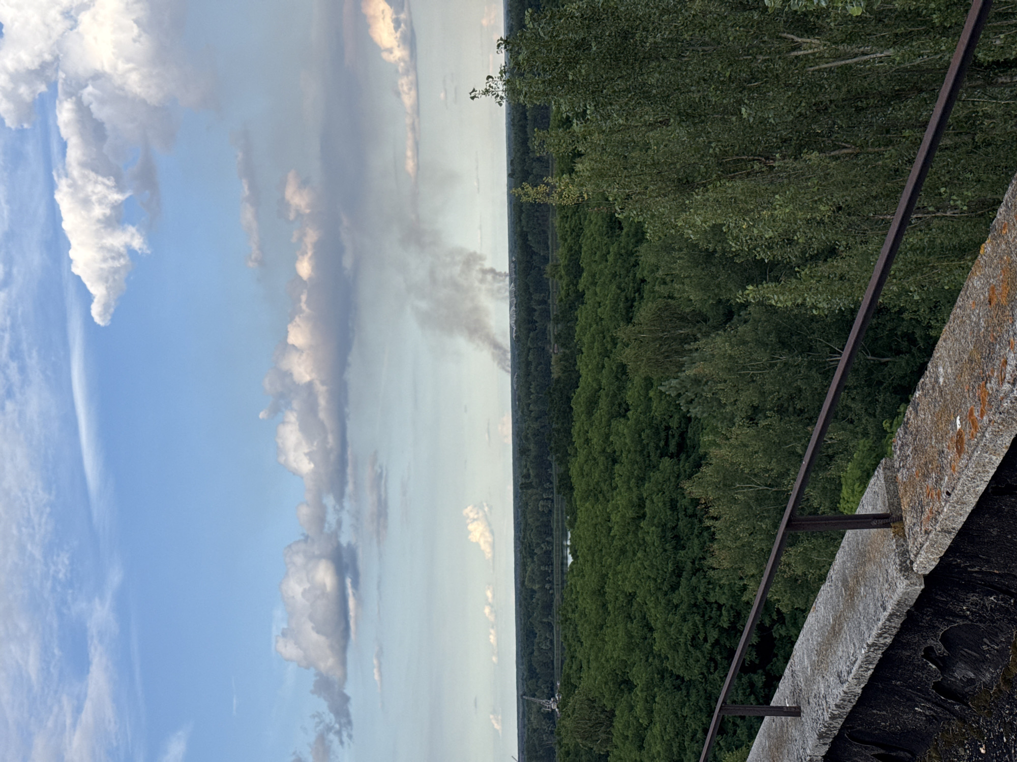 The image shows a panoramic view of the city of Pripyat, Ukraine, with a plume of smoke rising in the distance. In the foreground, a concrete barrier with a rusty metal railing runs along the edge of an elevated viewpoint. Beyond the barrier, a dense forest of green trees stretches towards the horizon. A body of water, likely the Pripyat River, can be seen through a gap in the trees. Further in the distance, a large industrial structure with cranes is visible on the left side of the frame. The sky is a pale blue, with scattered white and grey clouds. The smoke plume in the distance suggests a fire or other industrial activity.