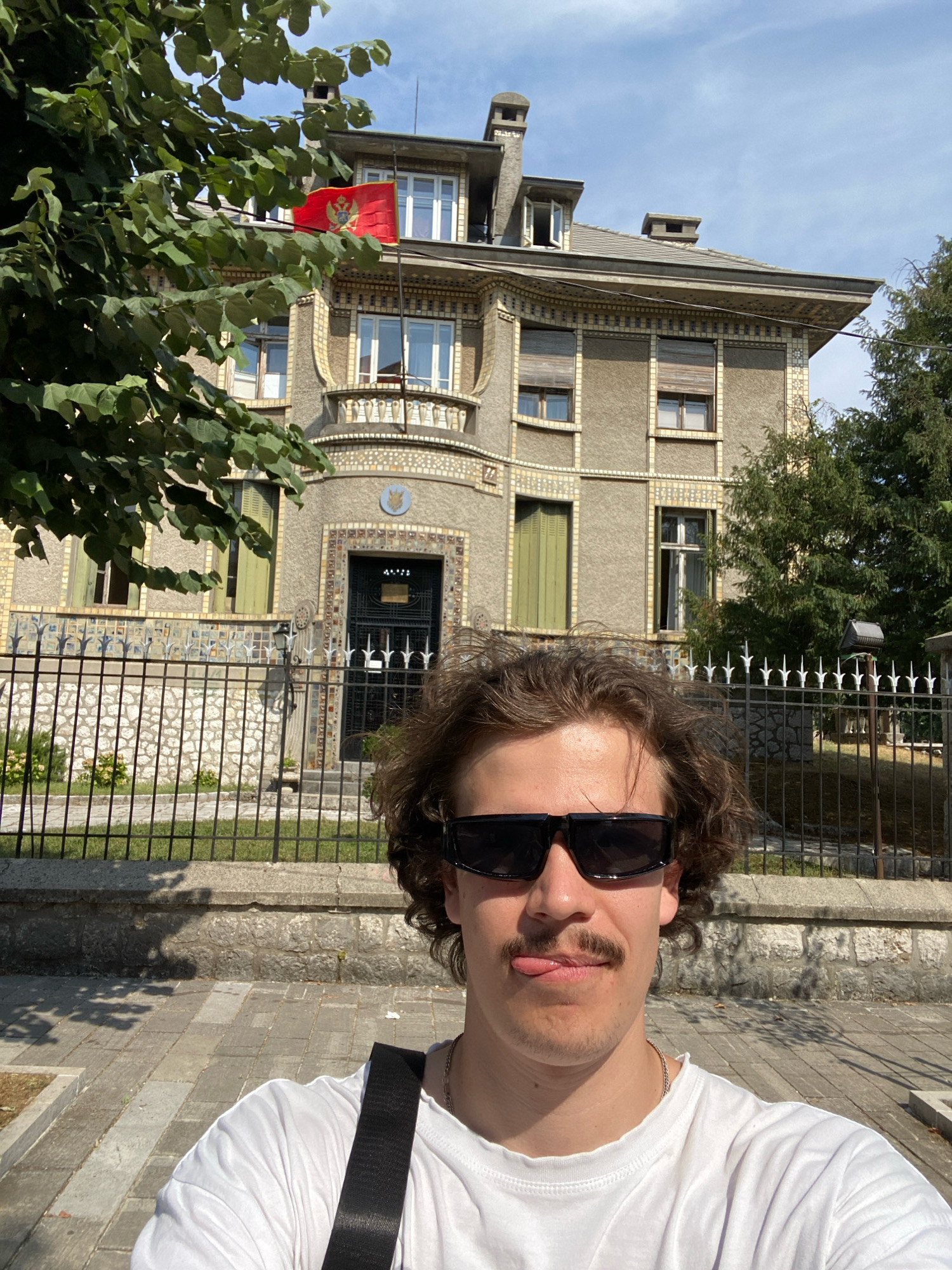A young man with curly brown hair, wearing a white t-shirt, black sunglasses, and a mustache, takes a selfie in front of a building. He is sticking his tongue out playfully. Behind him, a red flag with a double-headed eagle is visible, flying from a flagpole on the building. The building appears to be a historical or official structure, with ornate architectural details and a fence in front. The scene is set in an outdoor urban environment, likely on a sunny day, with trees and a sidewalk present. Based on the flag, the location is likely the Embassy of the Republic of Serbia in Cetinje, Montenegro, as the flag of Montenegro is red with a double-headed eagle.