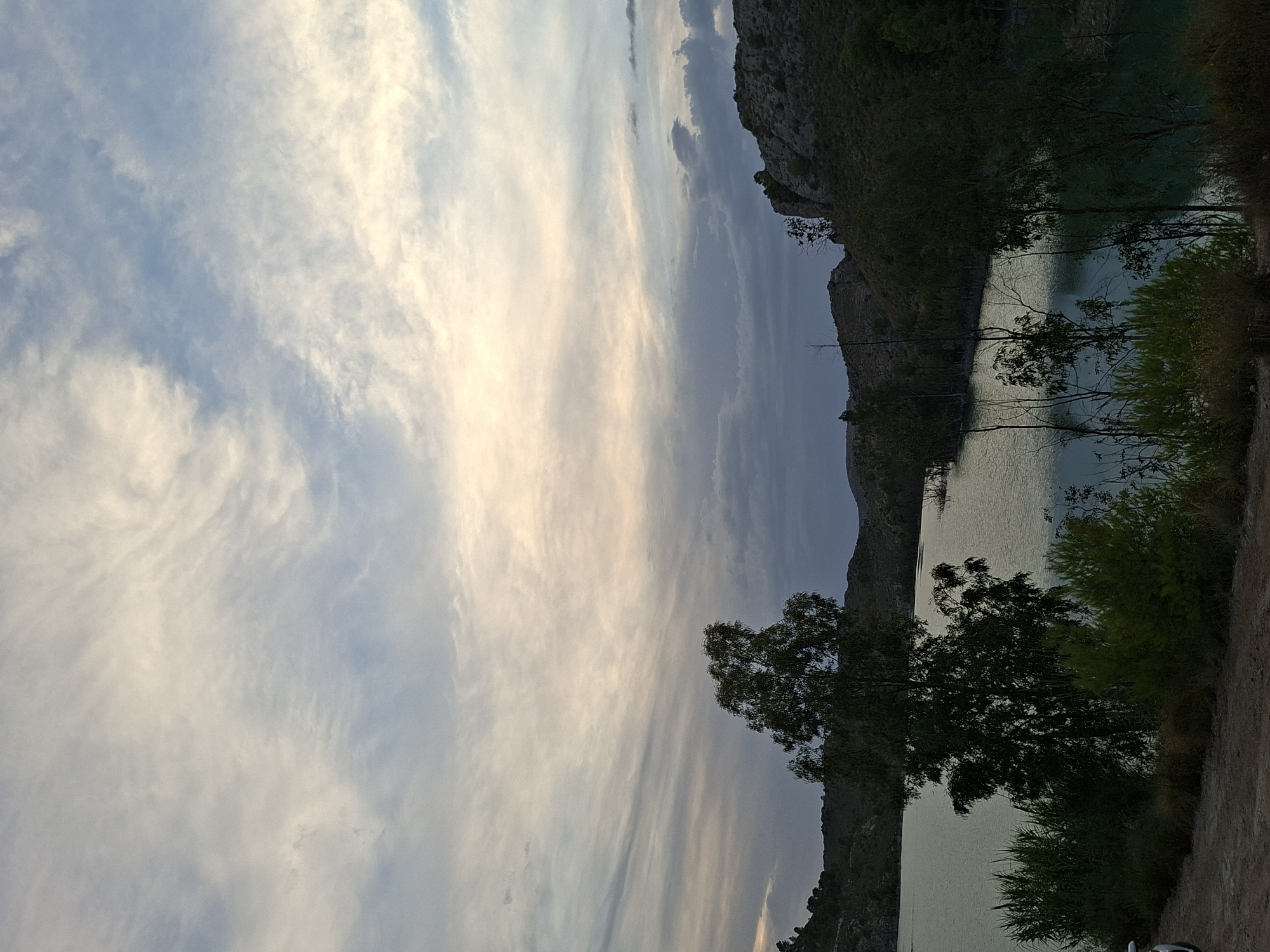 A wide-angle, landscape photograph captures a serene view of the Mula Reservoir in Mula, Spain, at dusk. The sky is filled with wispy, pale clouds streaked with hues of white, yellow, and blue, suggesting the last light of day. Below the sky, a band of darker clouds spans the horizon. The reservoir itself is a tranquil expanse of light blue water, reflecting the sky and surrounded by the silhouettes of dark green trees and shrubs. In the foreground, the bank of the reservoir is lined with dense vegetation, including tall reeds and leafy trees. Hills covered in sparse vegetation rise in the background, their outlines softened by the fading light. The overall impression is one of peacefulness and natural beauty. There are no people or active events depicted in the image.