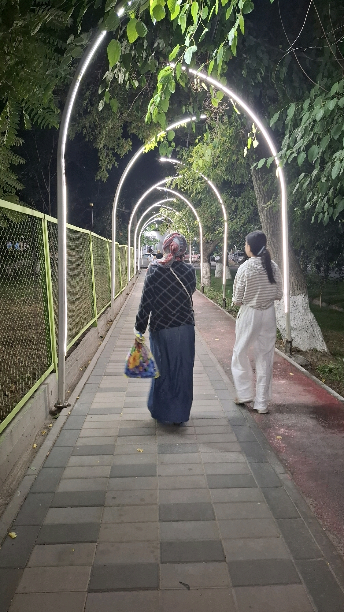 Two individuals are walking away from the camera along a paved pathway at night. The pathway is lined on the left by a green metal fence and on the right by a red-colored track and trees. Overhead, a series of white arched structures with integrated LED lighting create an illuminated tunnel effect over the path.
The person closer to the camera is wearing a dark, checkered long-sleeved top, a long blue skirt, and a patterned headscarf. They are carrying a multi-colored plastic bag in their right hand. The person further from the camera is wearing a horizontally striped long-sleeved shirt and loose-fitting white pants. Their hair is pulled back into a ponytail.
The environment suggests a public park or promenade, likely in a city setting, given the urban lighting and manicured appearance. The presence of trees, a fence, and a distinct walking path indicates a designed outdoor space. The image appears to have been taken in Shymkent, Kazakhstan, based on the contextual information provided.