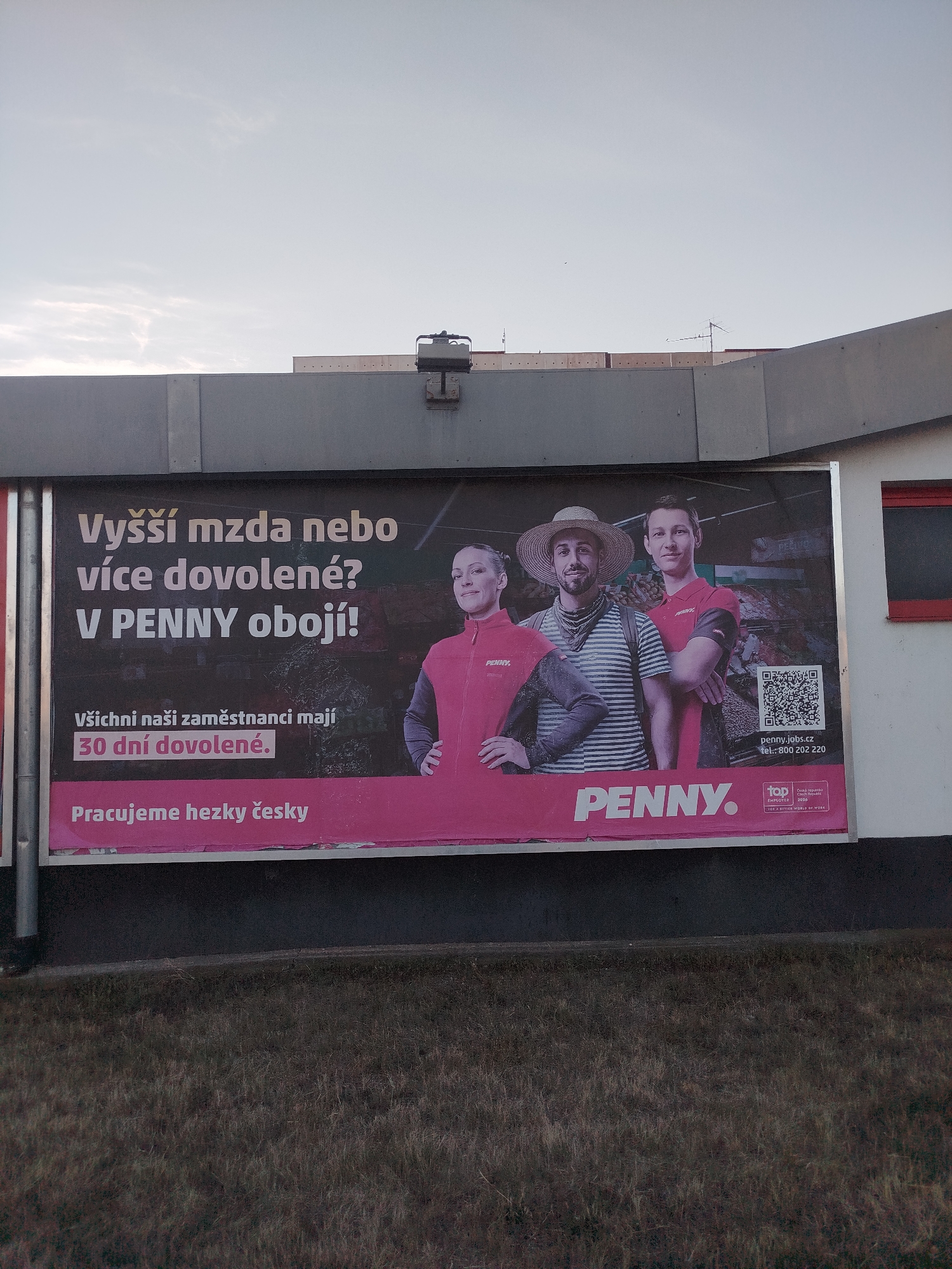 This is a horizontal, outdoor, close-up, eye-level photograph of a billboard advertisement. The billboard is predominantly pink and black and features text and images of three individuals who appear to be employees of the company Penny. The text at the top of the billboard reads "Vyšší mzda nebo více dovolené? V PENNY obojí!" which translates to "Higher wages or more vacation? At PENNY, both!". Below this, it states "všichni naši zaměstnanci mají 30 dní dovolené." meaning "all our employees have 30 days of vacation." The bottom of the billboard has the text "Pracujeme hezky česky" or "We work nicely Czech". The individuals pictured are two men and one woman, all appearing to be in their late twenties to early forties. The woman on the left is wearing a pink vest over a black shirt and has her hand on her hip. The man in the middle is wearing a straw hat and a striped shirt, and the man on the right is wearing a red polo shirt with the Penny logo. To the right of the individuals, a QR code is visible, along with the website "penny.jobs.cz" and a phone number "tel.: 800 202 220". The Penny logo is prominently displayed in white on the pink background at the bottom. A small "TOP EMPLOYER" certification logo is also present. The billboard is mounted on a gray facade, likely of a building, and below it is a strip of dark ground covered in dry grass. The sky is overcast and light blue in the background.