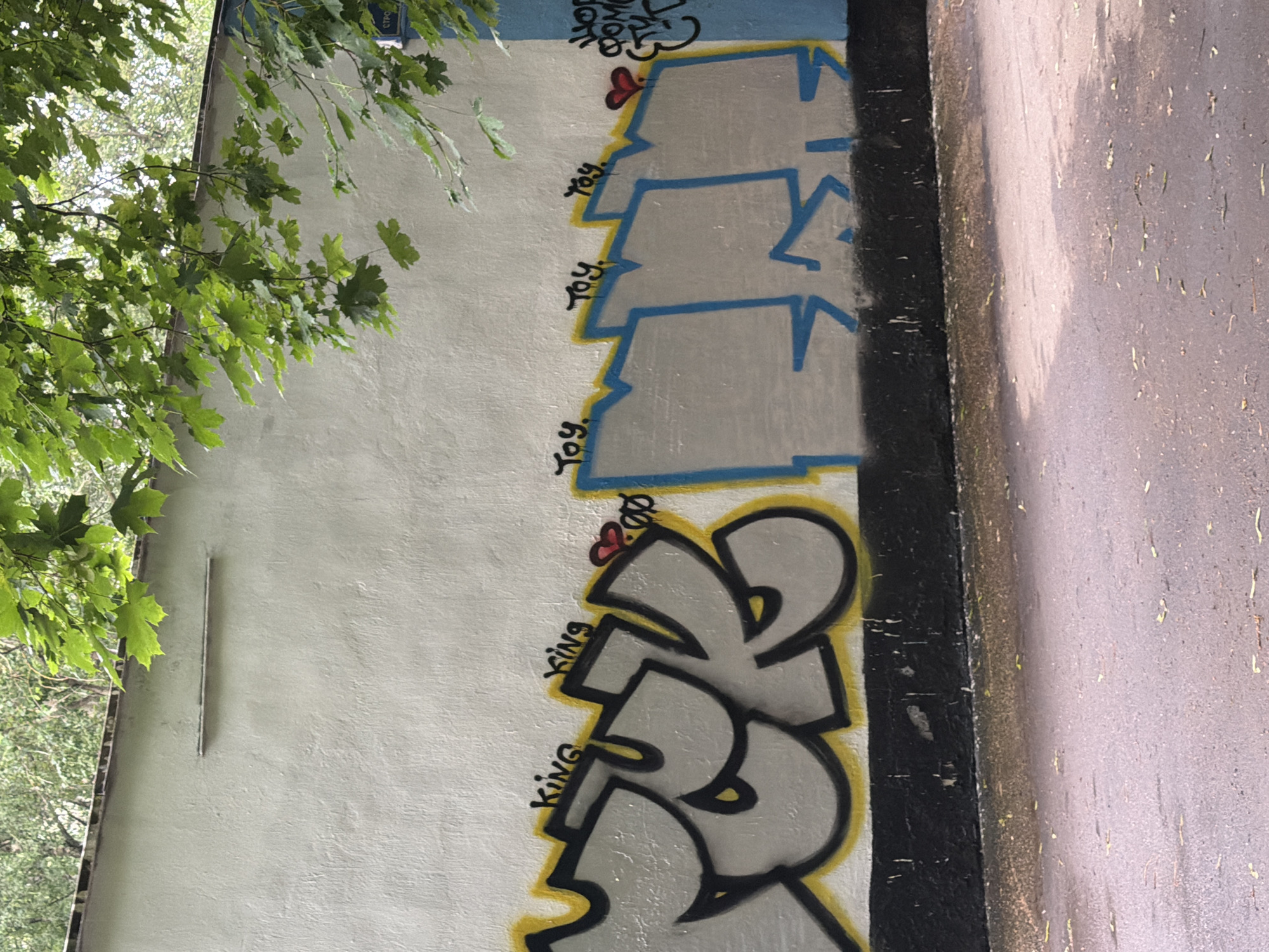 The media file displays a section of an outdoor wall covered in graffiti. The wall itself appears to be made of concrete or a similar material, with a textured, light-colored surface. The graffiti features stylized lettering with thick black outlines and gray fill, accented by a yellow border. One prominent piece of graffiti is a large, abstract character with rounded, layered shapes. Above this, there are smaller tags written in black, including the word "king" repeated multiple times, and what appears to be "toy" repeated several times with a small red heart above one instance. At the very top of the wall, there is a band of blue paint with some black lettering that is partially obscured by greenery.
The setting includes lush green foliage from tree branches that hang over the top left portion of the image, suggesting an outdoor environment. The ground adjacent to the wall is a dark, wet-looking surface, possibly asphalt or pavement, with scattered debris. The lighting appears to be natural daylight, but the angle suggests it might be overcast or the sun is not directly overhead, casting a diffused light. There are no people visible in the image. The overall impression is of an urban or semi-urban environment where graffiti art is present.