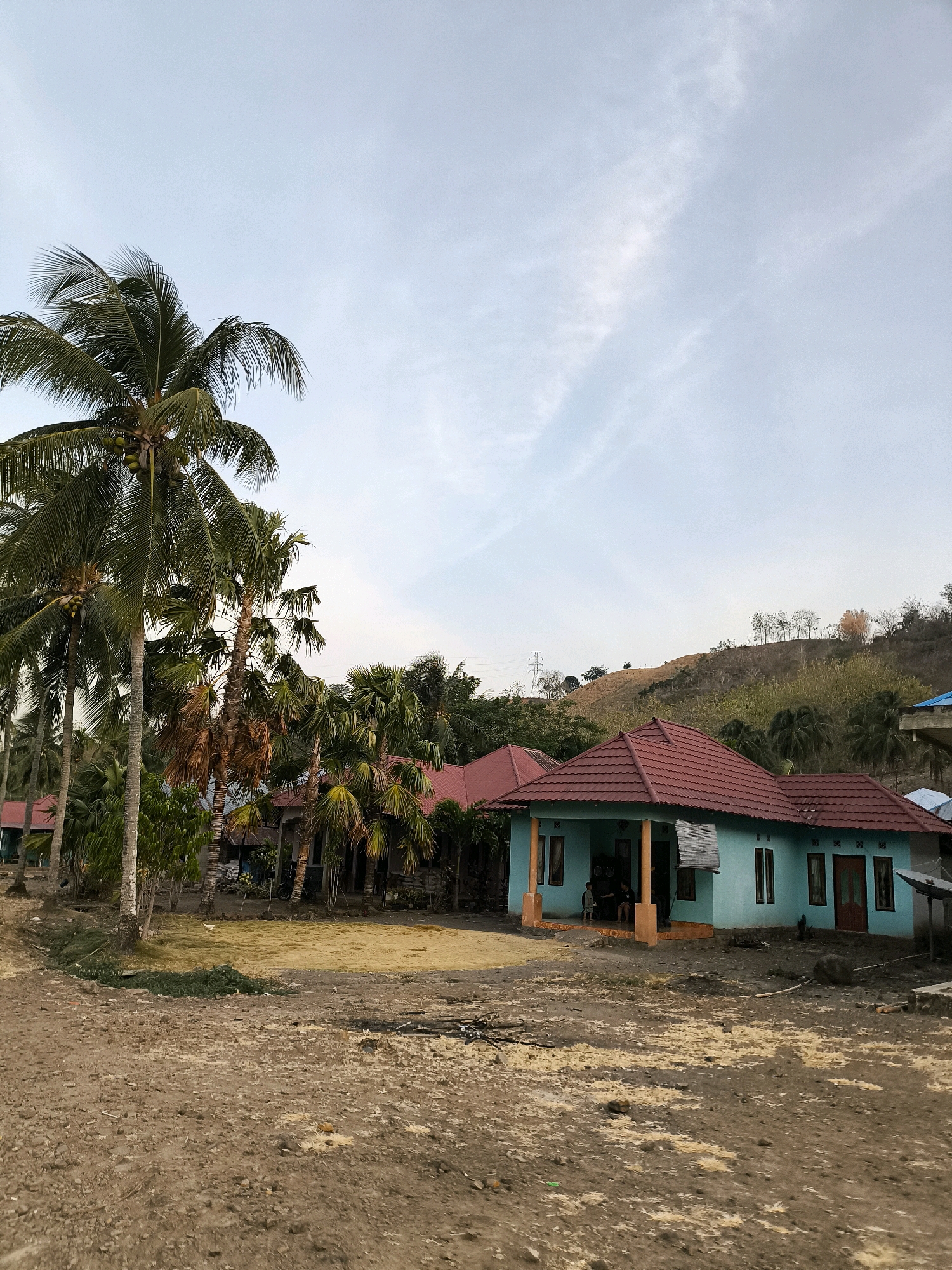 The image depicts a rural scene in Indonesia. In the foreground, a dirt path leads towards a light blue house with a red-tiled roof. Two people are visible sitting on the porch of the house. To the left of the house, a cluster of tall palm trees dominates the landscape, with some of their fronds appearing dry and brown. Behind the house, a gently sloping, dry, grassy hill rises, dotted with sparse trees. The sky is overcast with thin, wispy clouds. The overall impression is one of a simple, remote dwelling in a tropical environment.