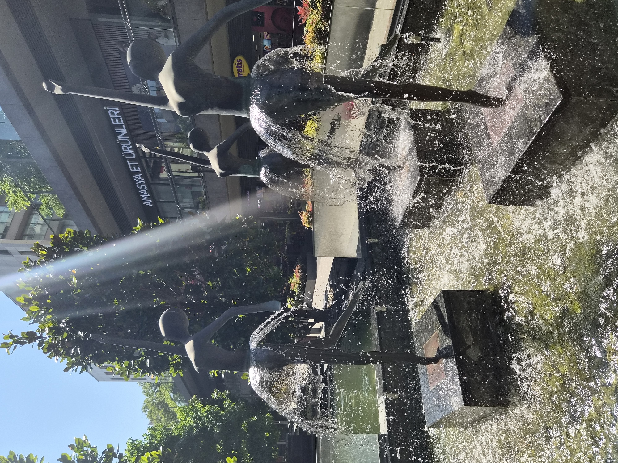This is a medium-angle, eye-level, daylight photograph of a public fountain featuring four abstract ballerina sculptures. The sculptures are made of dark metal and are posed as if dancing, with water spraying from their "skirts," creating a splashing effect. Each sculpture stands on a dark, rectangular pedestal set within a pool of water. The water is green and somewhat murky, with sunlight glinting off the surface.
In the background, behind the fountain and sculptures, is a modern building with multiple stories and large windows. A sign on the building reads "AMASYA ET ÜRÜNLERİ" in white, sans-serif letters. There are also some yellow signs, including one that says "gratis." Lush green trees and some flowering bushes with red and yellow blooms are visible around the fountain and in front of the building, suggesting an outdoor urban environment. The sky is clear and blue, with a bright sun casting strong shadows and creating lens flares. The overall impression is a well-lit, sunny day in a city square or pedestrian area. The location is Maltepe, Turkey.