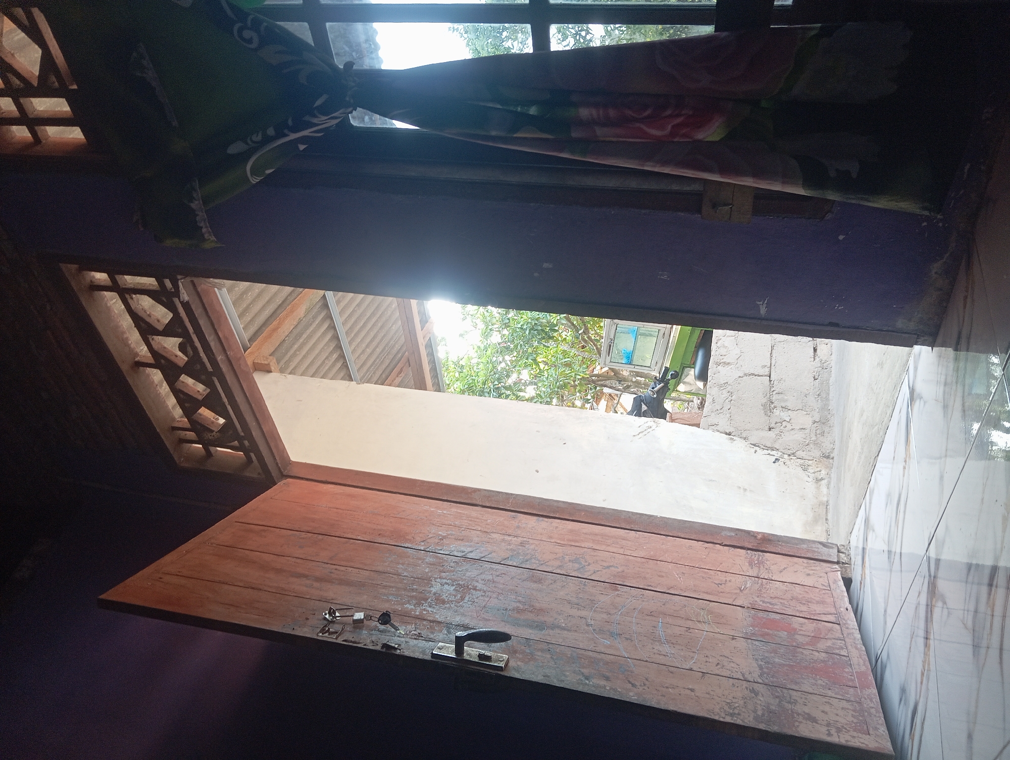 The image shows an interior view of a room looking out through an open doorway and a window. On the left, a rustic wooden door is ajar, revealing a glimpse of the outside. The door has a metal handle and a keyhole. The interior walls are painted a deep purple. To the right, a window is covered by a patterned curtain featuring large floral designs. Sunlight streams through the window and doorway, illuminating the space. Outside, green foliage is visible, suggesting a natural environment. The floor is tiled and appears to be clean and reflective. The scene is likely located in Dente Teladas, Indonesia, based on the context provided.