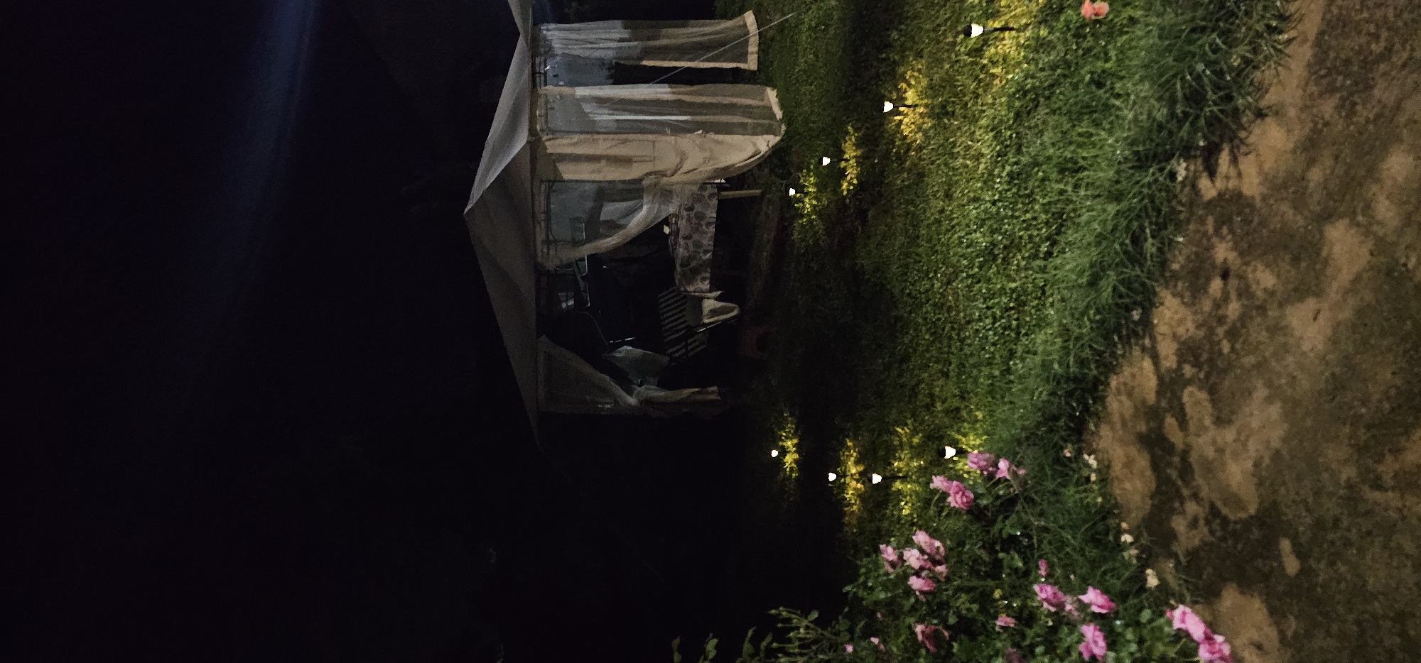 The image depicts a night scene with a gazebo draped in white fabric on the left. To the right of the gazebo is a strip of grass illuminated by several small, warm-toned lights. Pink flowers are visible along the edge of the grass. The area to the far right appears to be a paved surface. The sky is completely dark, suggesting it is nighttime. The location is Unknown, Unknown. There are no people visible in the image.