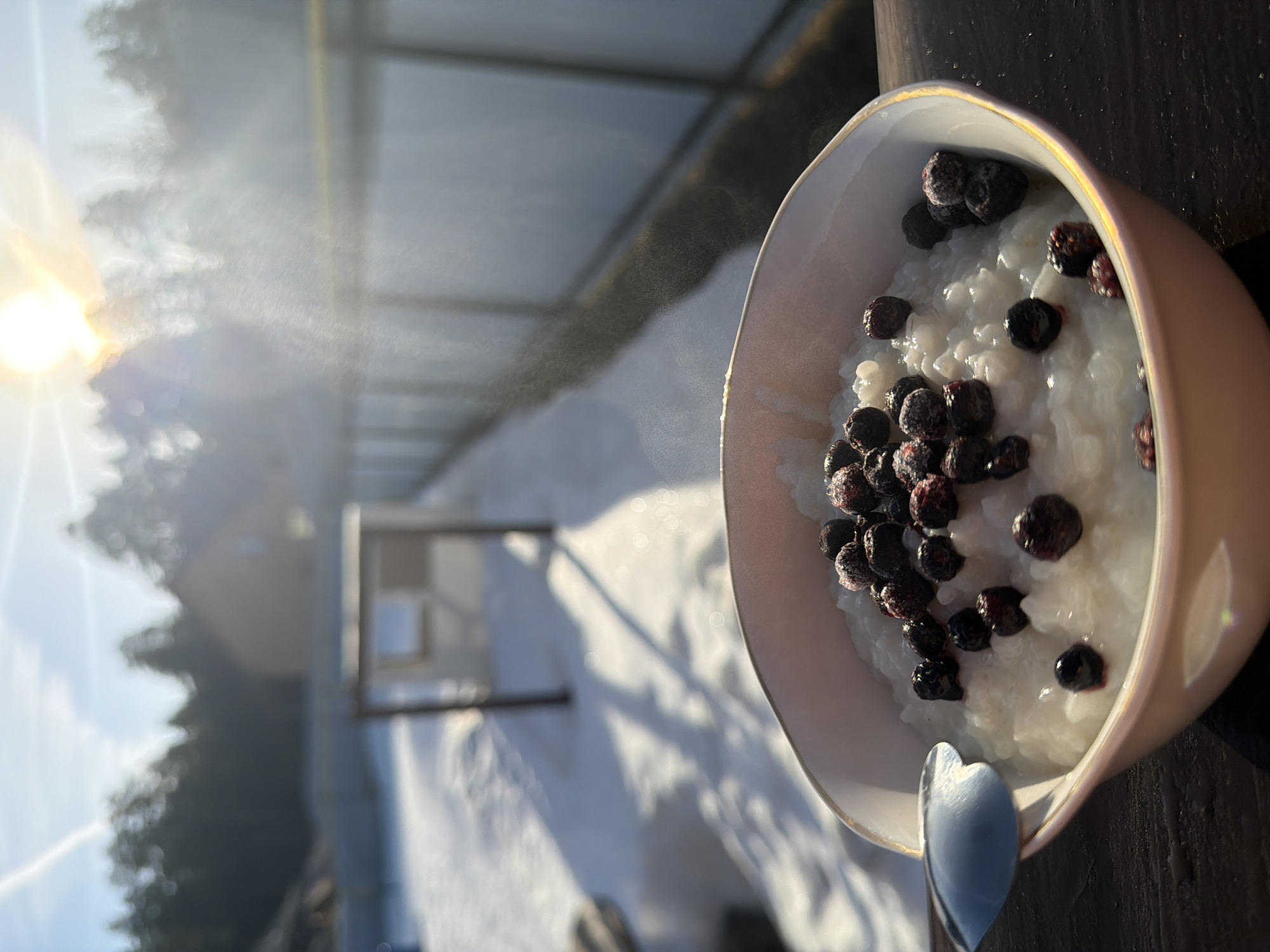 The image shows a bowl of rice porridge with blueberries outdoors. The bowl is white with a gold rim and sits on a dark wooden surface. A spoon rests inside the bowl. The porridge is white with visible rice grains, and the blueberries appear frozen or dusted with frost.
In the background, a winter scene is visible. Snow covers the ground and a fence stretches across the middle ground. A house or building can be seen in the distance to the left. The sun shines brightly, creating a haze or mist in the air, and casting long shadows across the snow. A small structure or piece of equipment stands behind the bowl, also covered in snow.
It is daytime, based on the sun's position and the brightness of the scene. Based on the user's reference to the city of Chaikovsky, Russia, the outdoor location is likely in or near that city.