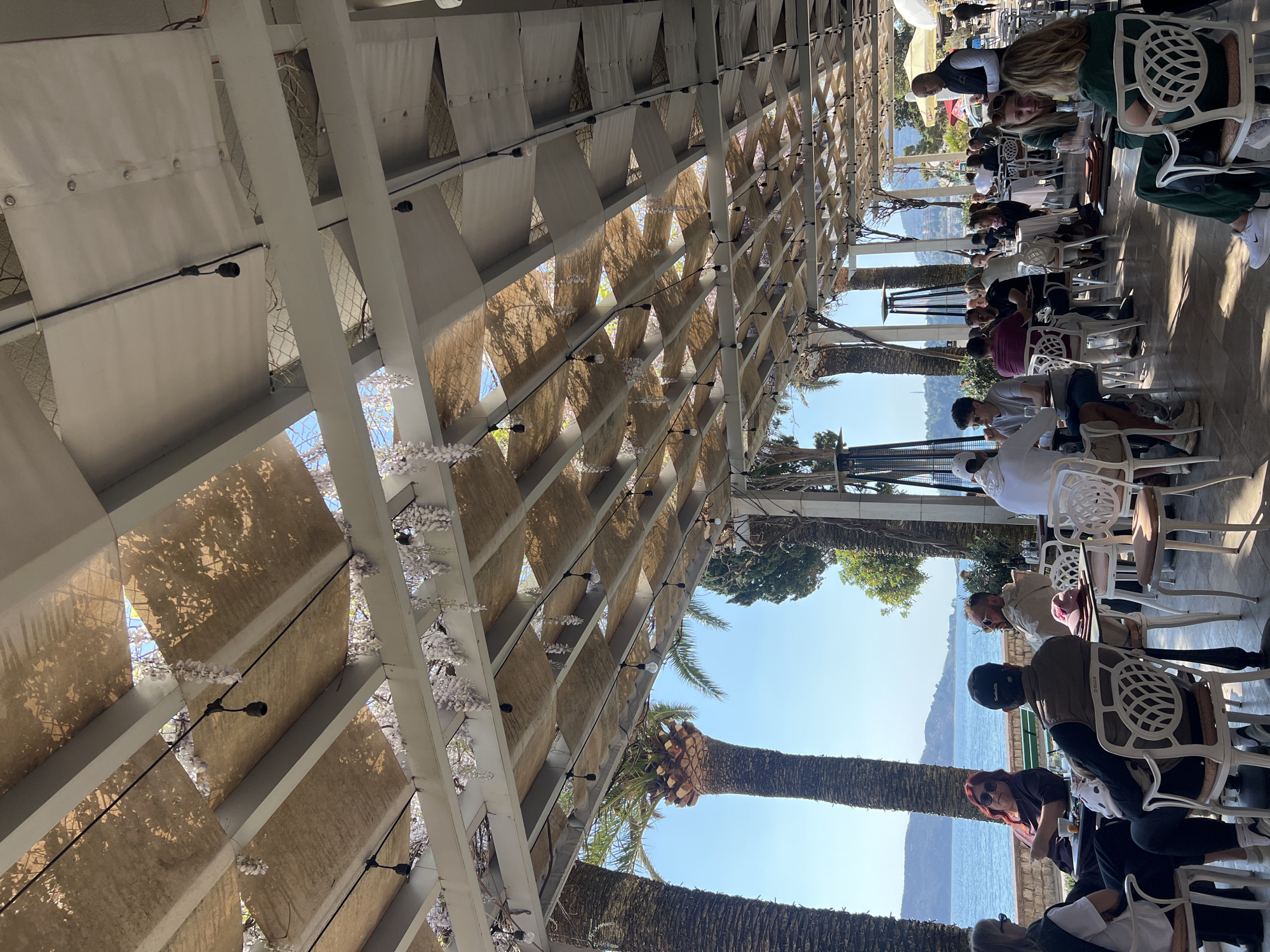 The image shows an outdoor dining area in Rafailovići, Montenegro. Patrons are seated at tables under a complex geometric pergola structure covered with light brown material and adorned with white floral decorations. Palm trees are interspersed with the pergola's structure. In the background, the Adriatic Sea is visible, with a hint of coastline on the horizon. People are seated, appearing to be dining and conversing. Tables and chairs are predominantly white. The lighting suggests it is daytime.