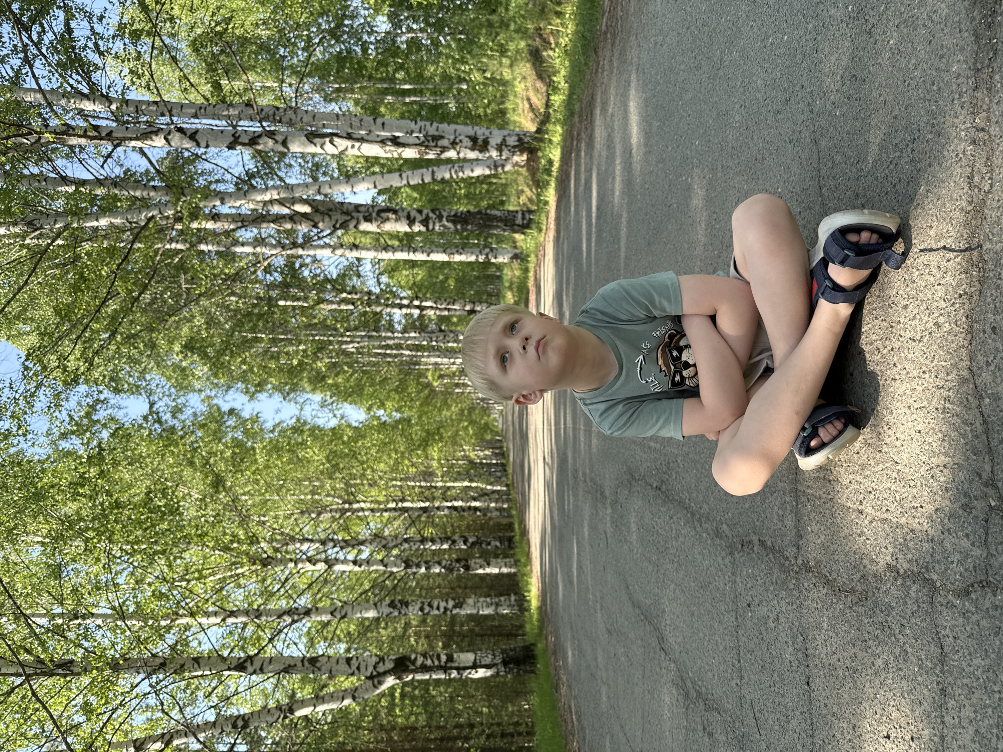 A boy is sitting cross-legged on an asphalt road in Банное, Russia, with a birch forest on the left. The boy has blond hair, a light green t-shirt, and blue sandals. He is looking up with his arms crossed. The road has cracks and varying shades of gray. The birch trees have white bark with black markings and green leaves. The sky is visible through the trees.