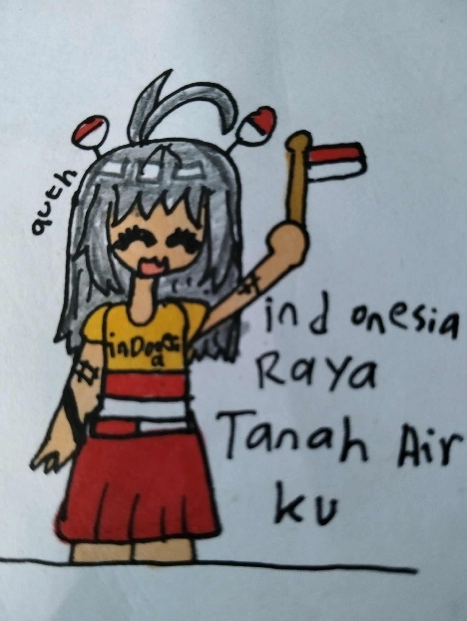 A hand-drawn, cartoon-style image of a young female character wearing a yellow shirt with writing, a red skirt with white trim, and white and red antennae on her head, holds a small Indonesian flag. The character has gray hair and a wide smile. Text in black marker to the right of the character reads, "ind onesia Raya Tanah Air ku". The text "auth" is written in black marker to the left of the character's head. The drawing is on a white surface.