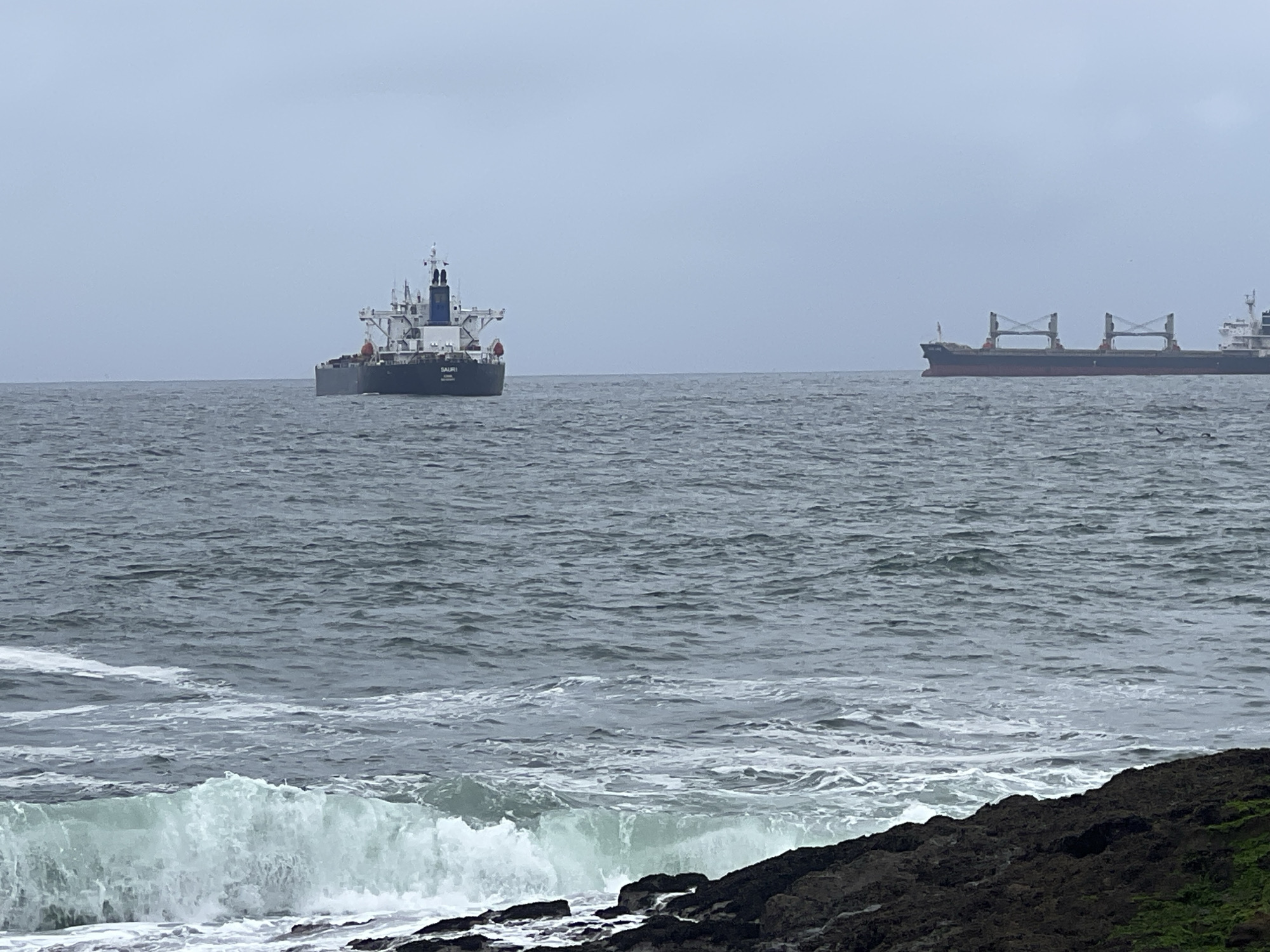 The image captures a wide shot of the ocean with two cargo ships visible on the horizon. The foreground features dark, wet rocks with a wave crashing against them, creating white foam. The water is a deep grey-blue, and the sky is overcast and pale. One ship, closer to the left side of the frame, is a larger vessel with a white superstructure. The second ship, farther to the right, is also a large cargo ship with a visible red hull and a series of cranes. The scene is devoid of any visible human presence or specific landmarks that would definitively place it in Arica, Chile, although the type of ships and coastal geology are consistent with port areas globally.