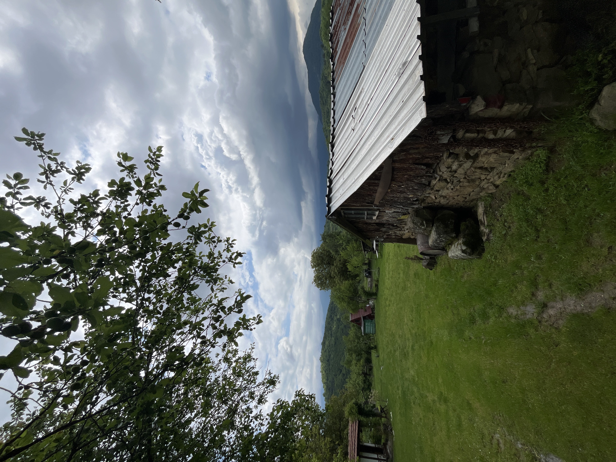 The image shows a landscape in Shopite, Bulgaria, under a partly cloudy sky. The left side of the frame is dominated by tree branches and green foliage. A weathered building with a corrugated metal roof is positioned on the right. A grassy field extends from the building into the distance, dotted with trees and structures. Mountains are visible on the horizon. A dark cloud bank contrasts with patches of blue sky.