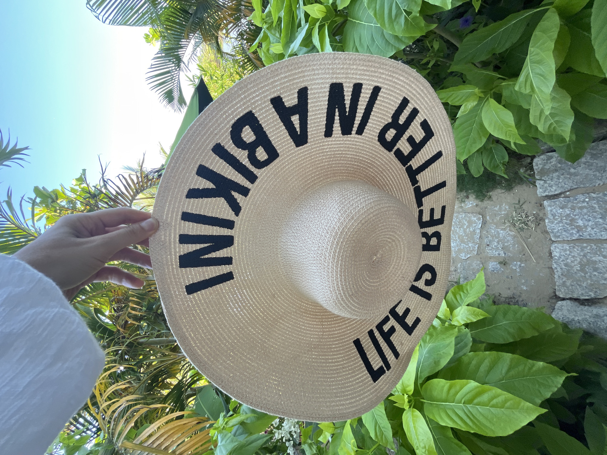 The image presents an upward-angled view of a person holding a large, light-beige straw sun hat in a vibrant tropical setting. A person's left hand, clad in a white, textured sleeve, grips the brim of the hat on the left side of the frame. The hat features bold, black, block letters arranged in a semicircular arc across its surface, spelling out the phrase "LIFE IS BETTER IN A BIKINI."
The background is dominated by lush green foliage and a clear blue sky. On the left and top, dark green palm fronds are visible, some silhouetted against the bright sky, while others catch the sunlight. To the right and bottom, broad, bright green leaves from various tropical plants create a dense, verdant backdrop. A small cluster of white flowers can be seen among the leaves near the bottom center. A light-colored, possibly stone or paved, ground or pathway is faintly visible along the right edge.
The scene takes place outdoors during bright daylight, suggested by the clear sky and the way sunlight illuminates the foliage and hat. The vibrant vegetation strongly cues a tropical, resort-like environment. Given the location context of Đà Nẵng, Vietnam, the image evokes a sunny vacation atmosphere, where the hat's message aligns with a relaxed, beach-oriented lifestyle in a beautiful coastal setting.