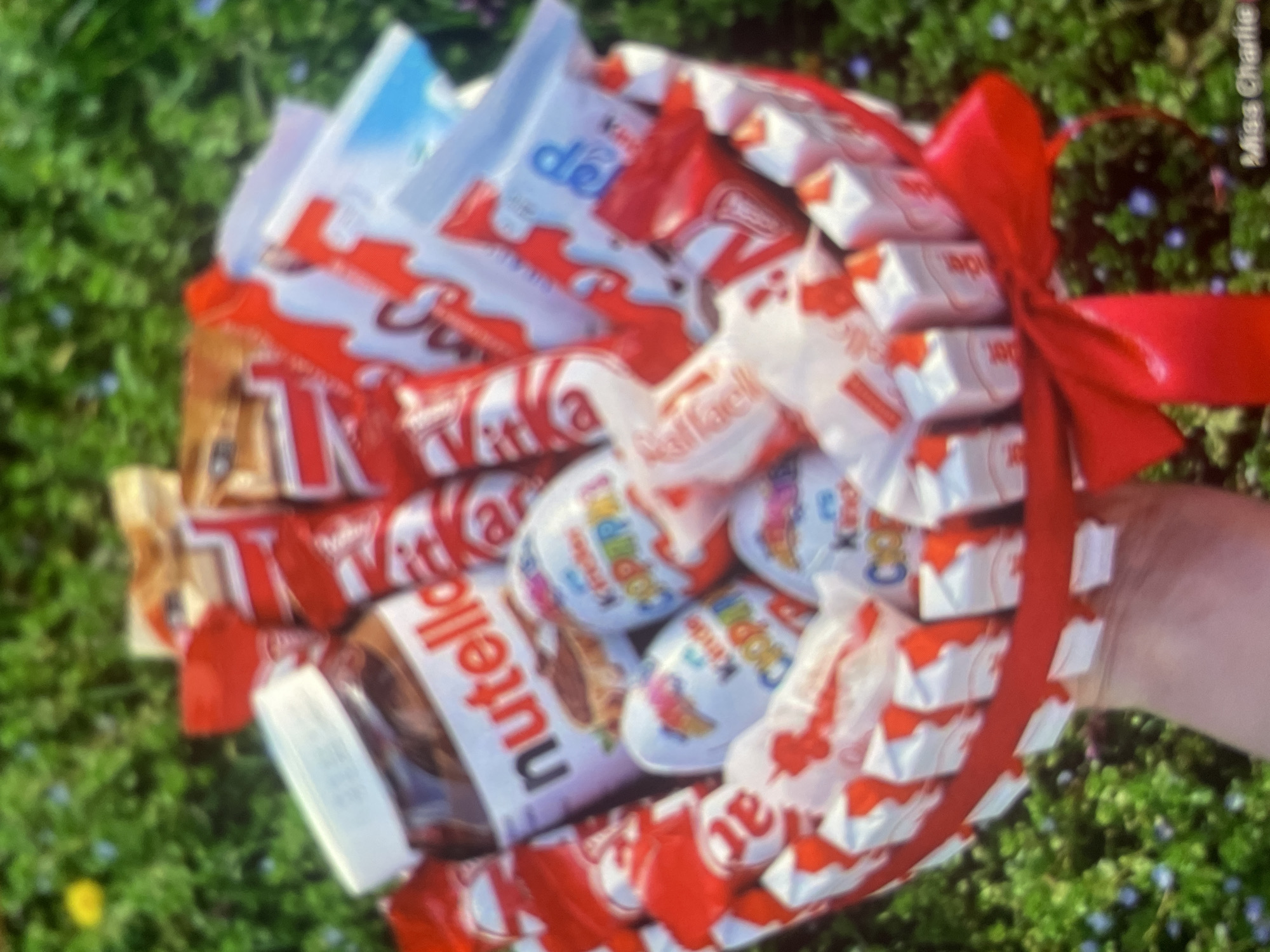 A blurry, brightly lit image captures a festive arrangement of various chocolates and candies, held by a hand against a soft-focus green background. The arrangement, resembling a bouquet, is predominantly red and white, secured with a prominent red satin ribbon tied in a bow on the right side.
The candy assortment includes several popular brands. Visible items feature multiple Kinder products: Kinder Bueno bars (some showing "délicieux" and "Kinder" text), Kinder Chocolate bars, and Kinder Joy eggs (with "Kinder Choco" and "Happy" visible on their wrappers). Also integrated into the arrangement are KitKat bars, distinguished by their red and white packaging and "KitKat" text, and stacks of Raffaello candies, identifiable by their white wrappers with "Raffaello" text. A large jar of Nutella, with its characteristic white label and black and red "Nutella" logo, is prominently placed at the bottom center of the arrangement.
The background is a vibrant, out-of-focus green, suggesting grass or foliage, with scattered small purple or blue flowers, indicating an outdoor setting during daytime. A light-skinned hand is partially visible on the right, supporting the colorful confectionery. In the top right corner, a watermark reads "Miss Charlie." The overall impression is one of a cheerful and sweet gift.
