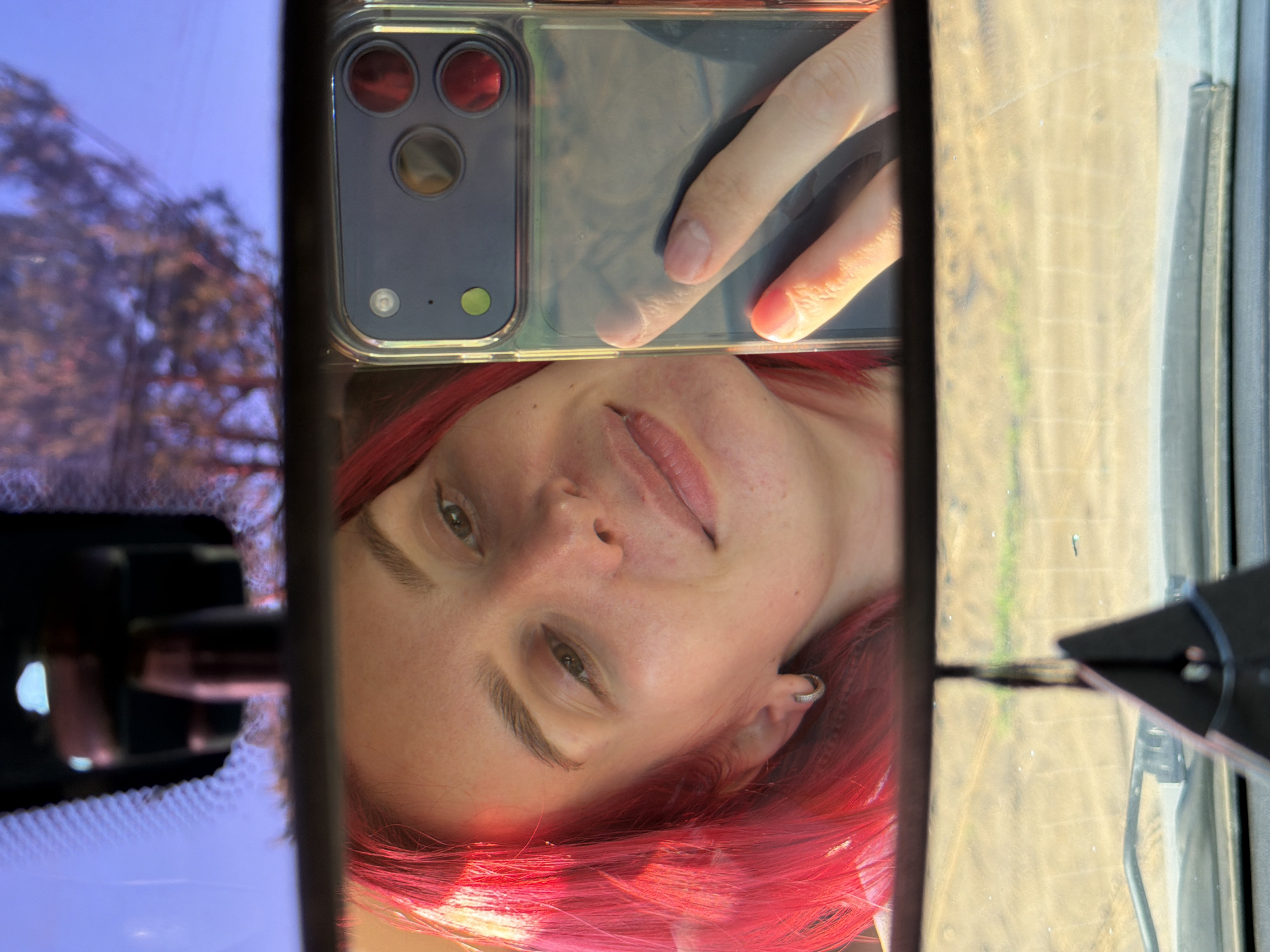 This media file captures a person's reflection in a car's rearview mirror, taken in Chaikovsky, Russia. The primary subject is a person with bright pink or red hair, visible from the forehead to the chin, angled slightly towards the camera. They exhibit a gentle, serene smile, and a small silver hoop earring is visible in their right ear.
The person is holding a smartphone, which is also reflected in the mirror. The phone, encased in a clear protective cover, clearly displays its triple-lens camera system, a flash, and what appears to be a LiDAR sensor. The back of the phone and the person's fingers gripping it are prominent in the upper half of the mirror's reflection.
Beyond the immediate reflection of the person and phone, the mirror also captures glimpses of the outside environment. To the left of the mirror's frame, blurry shapes of trees or foliage are reflected. To the right, a sunlit, textured expanse resembling fields or ground is visible, indicating an outdoor setting. A dark, angular object, possibly part of the car's interior, is present on the far right.
The scene is set during the daytime, characterized by bright lighting and clear reflections, suggesting sunny weather. The person appears relaxed. There is no visible text in the image. The image is oriented sideways, with the person's head positioned towards the bottom of the frame and the phone towards the top.