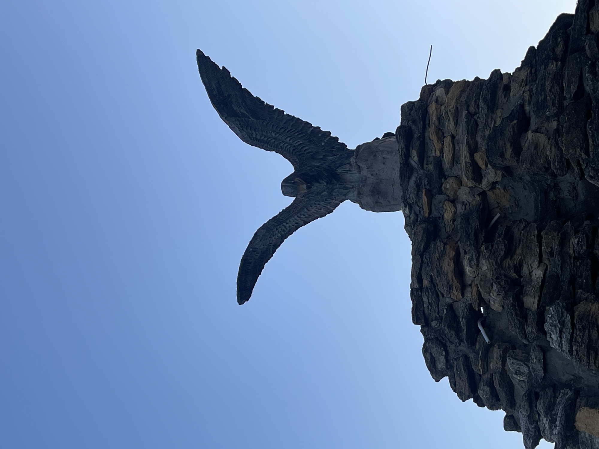 The image shows a low-angle shot of a sculpture of a bird of prey, likely a falcon or eagle, with its wings outstretched. The sculpture is mounted on a rough, rock-like structure. The bird appears to be made of a dark, textured material, possibly carved stone or concrete, with intricate detailing on its feathers. Its head is turned slightly to the left, and it has a determined expression.
The background is a clear, bright blue sky, suggesting it is daytime and fair weather. The perspective of the shot makes the bird and the rock structure appear monumental against the sky. A thin, dark object, possibly a wire or a thin rod, protrudes from the top of the rock structure. The rock structure itself is composed of irregular, dark-colored stones of varying sizes, cemented together. Some lighter, yellowish stones are also visible within the structure.
The image seems to capture a moment of stillness, with the bird sculpture appearing to be in flight or poised for action. There is no visible text in the image. The overall impression is one of strength and majesty, with the sculpture serving as a focal point against the expansive sky. The location context of Donskoye, Russia, does not provide specific visual cues within the image itself.