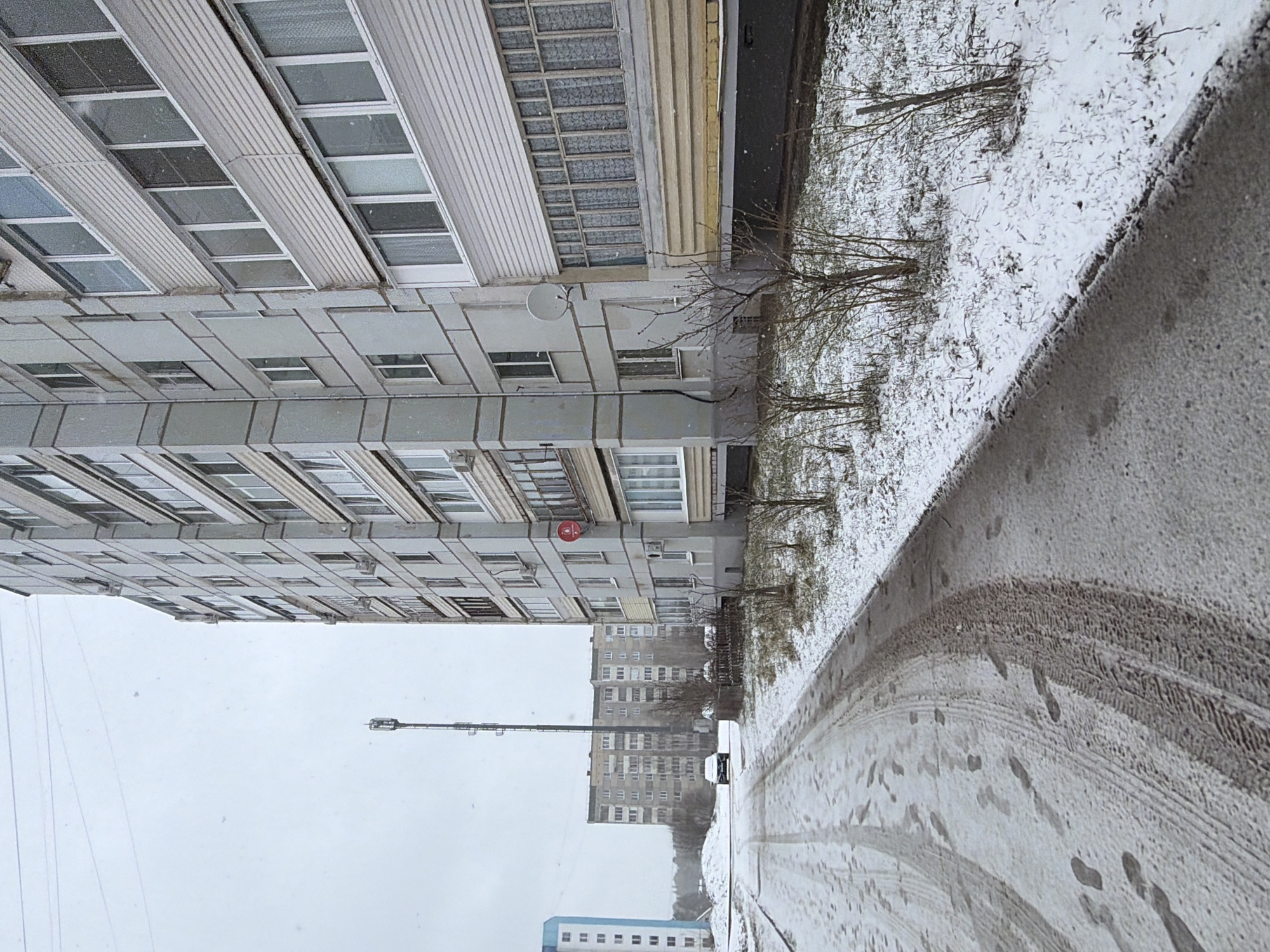 The image captures a winter scene in what appears to be a residential area in Chaikovsky, Russia. A large, multi-story apartment building dominates the left side of the frame, characterized by a repetitive pattern of windows and prefabricated concrete panels. Adjacent to the building is a narrow strip of land covered in snow, punctuated by bare trees and bushes, suggesting a roadside.
The right side of the image is filled by a snow-covered road, complete with tire tracks and footprints, indicating recent vehicular and pedestrian activity. In the distance, another apartment building is visible, further establishing the urban setting. The sky is overcast, contributing to the subdued lighting and cold atmosphere typical of a snowy day. A streetlamp stands tall, contributing to the overall impression of a utilitarian urban landscape in winter.
