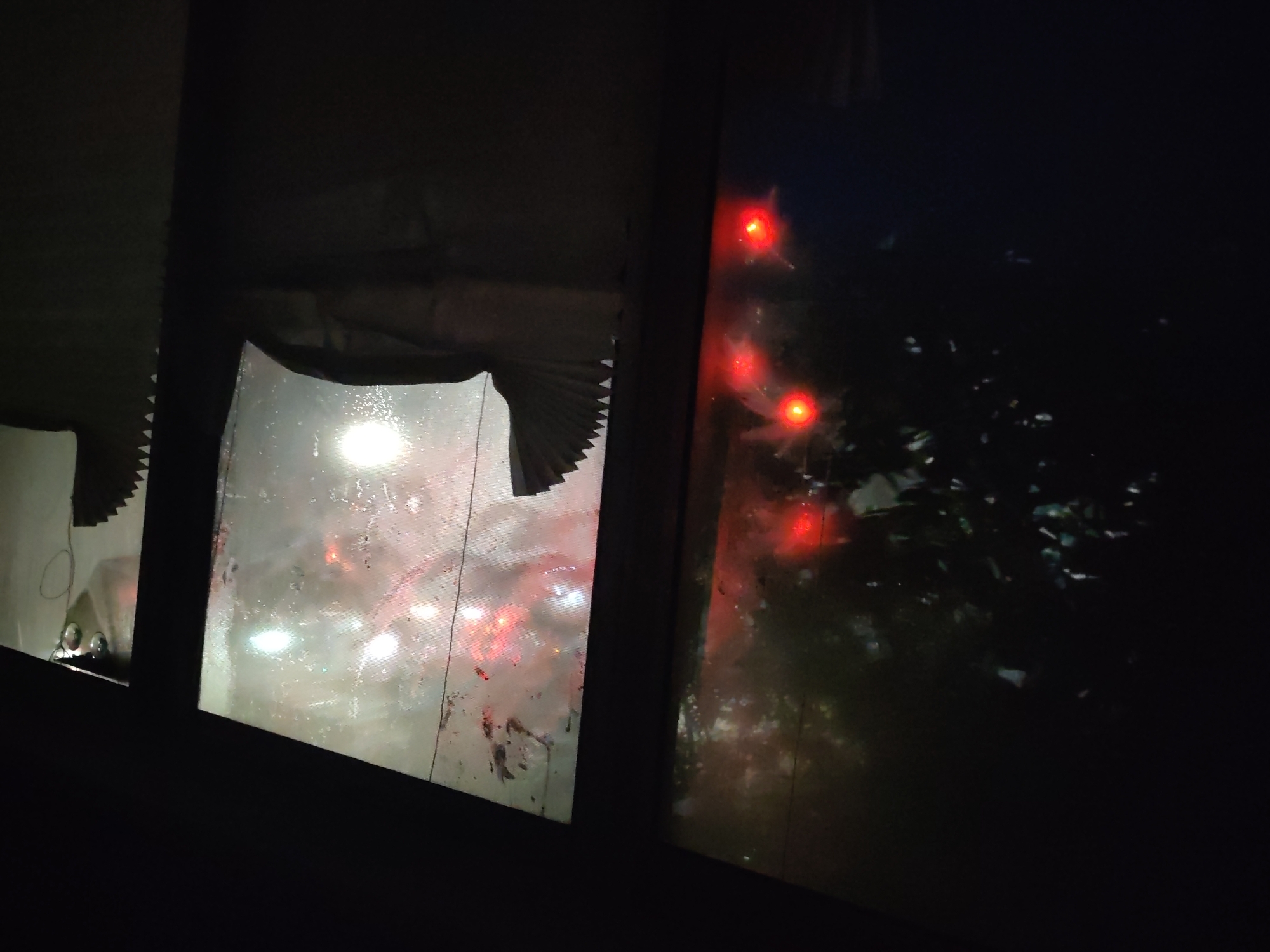 The image shows a view through a dirty window at night. On the left side of the window, there is a folded blind. Through the glass, which appears to be smudged and possibly wet, there are bright lights, likely from vehicles, and some red illumination. On the right side of the window, there are several red lights that appear to be positioned in a cluster, and beyond them, dark foliage is visible, suggesting an outdoor scene with trees or bushes. The overall impression is one of a street scene or a view from a building overlooking an area with traffic and vegetation at night. The location in Izhevsk, Russia is not discernible from the image itself.