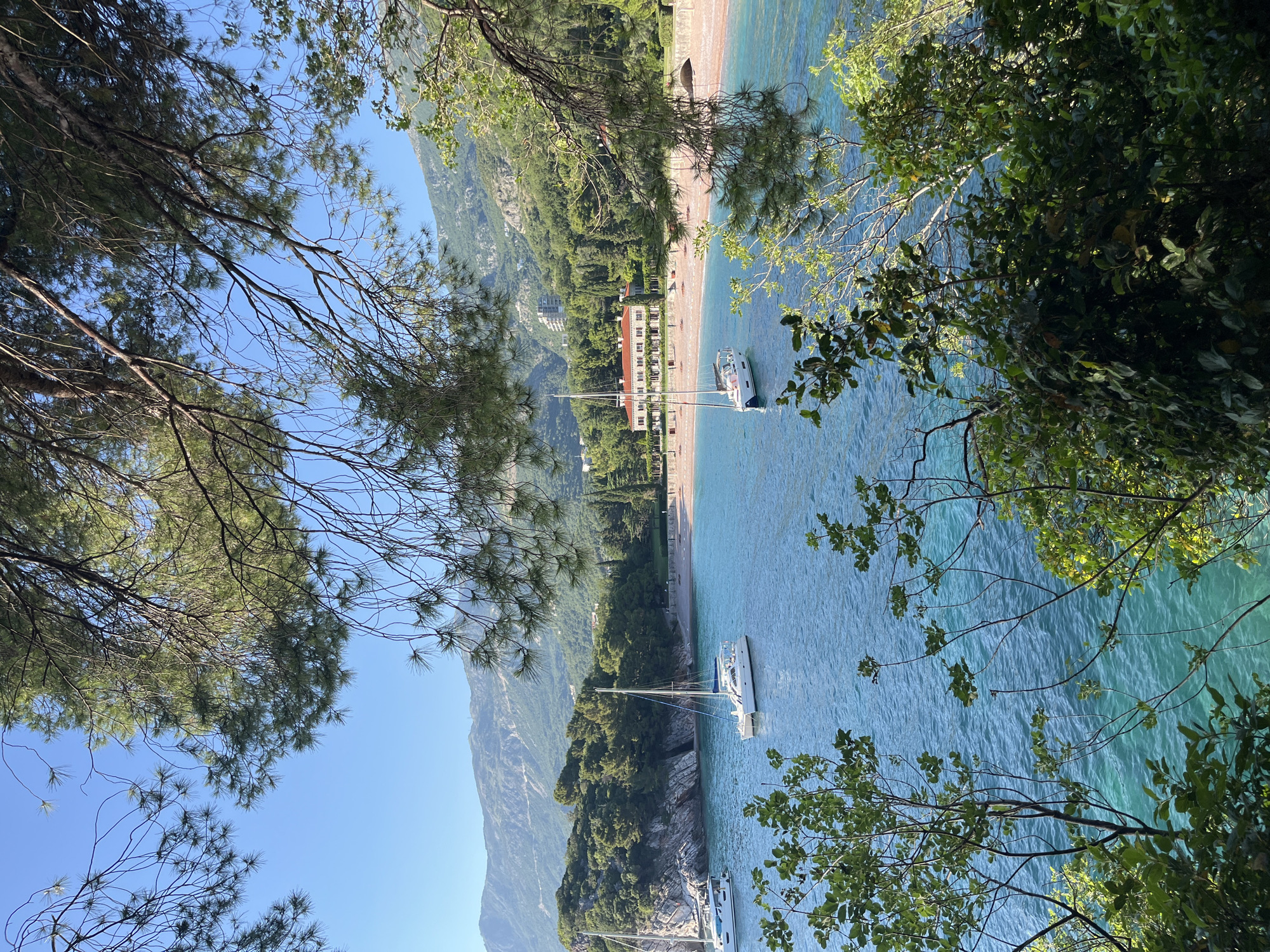 This image depicts a scenic bay in Boreti, Montenegro, observed from an elevated perspective partially obscured by foreground foliage. The upper portion of the frame features a clear, bright blue sky visible between dense, green pine branches. The lower foreground is filled with dark green leafy vegetation.
The midground showcases a tranquil bay with vivid turquoise water exhibiting subtle ripples. Three boats are anchored in the bay: a prominent white catamaran with its mast extended is centered, a smaller white boat is to its left, and another white sailboat is positioned further right. A sandy beach with a reddish tint forms the immediate shoreline, featuring several arranged beach chairs or closed umbrellas.
Directly behind the beach stands a large, multi-story white building with a distinctive red-tiled roof, surrounded by well-maintained green landscaping. Further up the forested hills in the background, another modern white building with multiple levels is visible on the far right. The background is dominated by a range of steep, green, tree-covered hills that transition into rugged mountains under the clear sky. No individuals are discernible in the scene. The overall lighting suggests bright daylight conditions.
