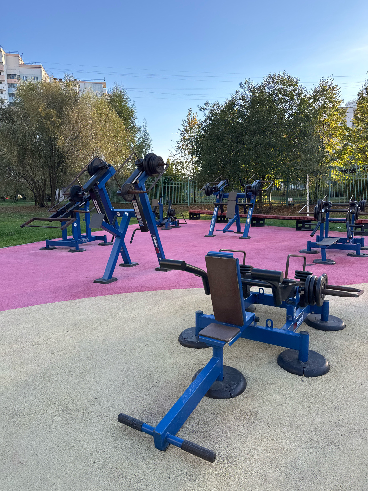 An outdoor gym is situated in a city park. The gym features several blue weight machines with black weight plates. The ground is covered in two distinct colors of artificial turf: pink and a sandy beige. In the background, trees with green and yellow foliage are visible, along with a multi-story building. The sky is clear and blue. The gym equipment is arranged in a manner that suggests a planned exercise area. There are no people visible in the image, and the equipment appears to be in good condition, indicating it is in use or maintained. The overall setting is urban, with hints of nature through the trees. The gym is likely located in a public space designed for physical activity.