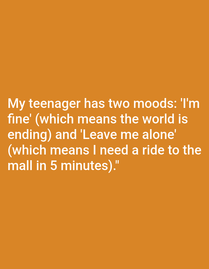 The image shows white text on an orange background. The text reads: "My teenager has two moods: 'I'm fine' (which means the world is ending) and 'Leave me alone' (which means I need a ride to the mall in 5 minutes)." There is no information about Nowa Wieś Książęca, Poland in the image.