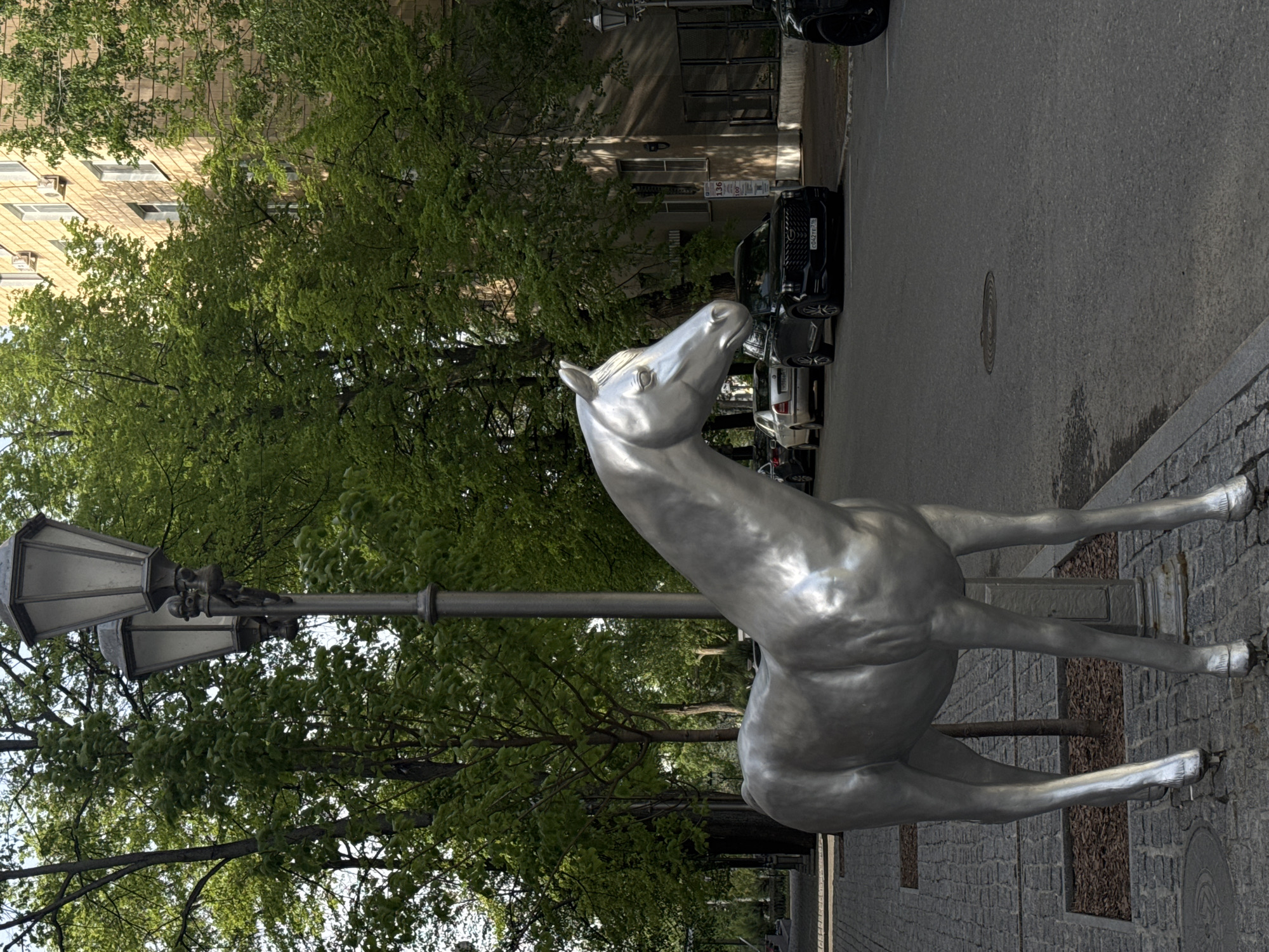 The image depicts a silver horse sculpture positioned near a street lamp on a sidewalk. Behind the sculpture, lush green trees fill the space, with buildings visible in the upper left corner. Parked cars line the street to the right of the sidewalk. The image is captured in a city setting, specifically in Kazan, Russia.