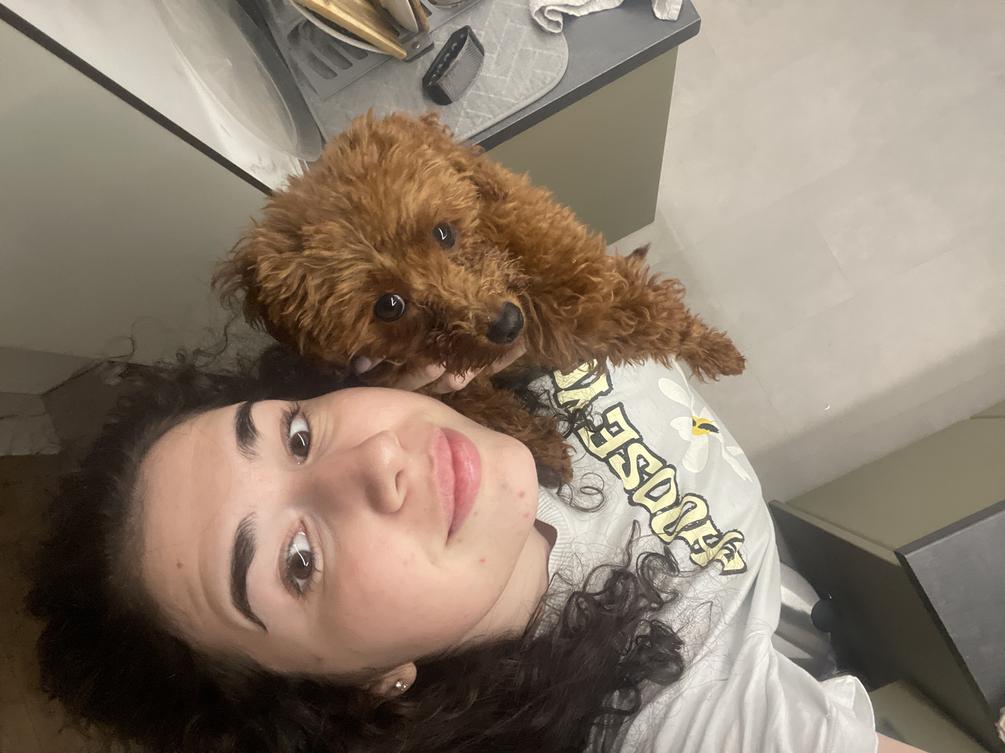 A woman is lying down, facing the camera, with a small brown poodle lying on her chest. The woman has dark curly hair, fair skin, and prominent eyebrows. She is wearing a light grey t-shirt with a daisy design and the word "SADLERS" printed on it in a stylized font. The poodle is brown and fluffy. Behind the woman and the dog is a kitchen countertop with various objects on it. The room appears to be indoors and is well-lit. The location is not discernible as being in the city of Sofia, Bulgaria.