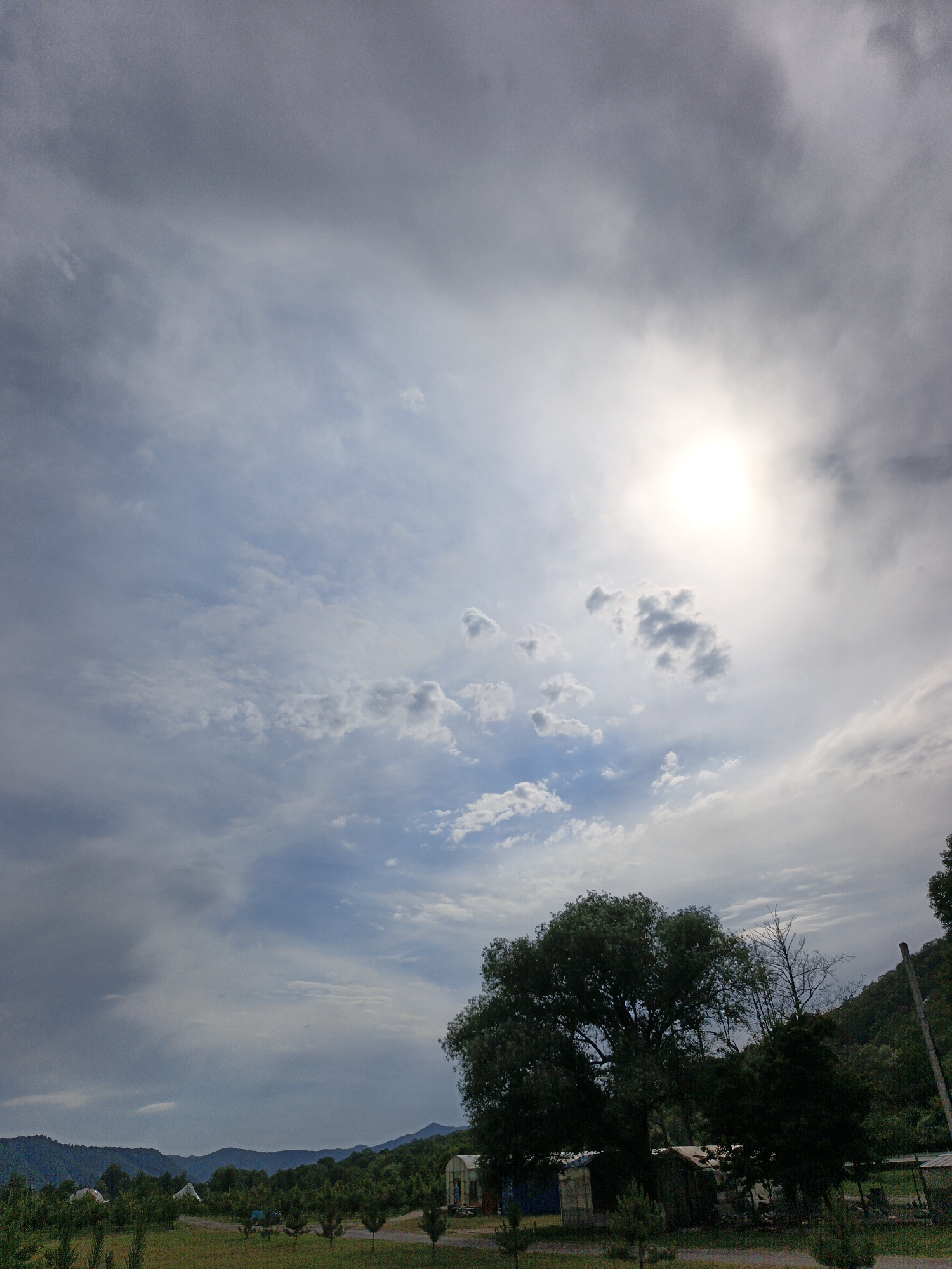 This is a landscape photograph of a rural scene under a dramatic sky. The sky is filled with a mix of dark, heavy clouds and lighter, wispy formations. The sun is partially obscured by clouds, creating a bright, hazy glow in the upper right portion of the image. Below the sky, a line of lush green trees and hills stretches across the horizon. In the foreground, there are several small structures, possibly sheds or greenhouses, and a large, mature tree with dense foliage dominates the center-right of the frame. The ground in the foreground appears to be a mix of grass and dirt, with some young trees and shrubs scattered about. The overall impression is one of a natural, somewhat wild environment, possibly a park or an agricultural area. The time of day appears to be late afternoon or early evening, given the angle of the sun and the quality of the light. The weather seems to be overcast with potential for rain, but the sun's presence suggests it is not actively raining. There are no people visible in the image. No text is visible.
