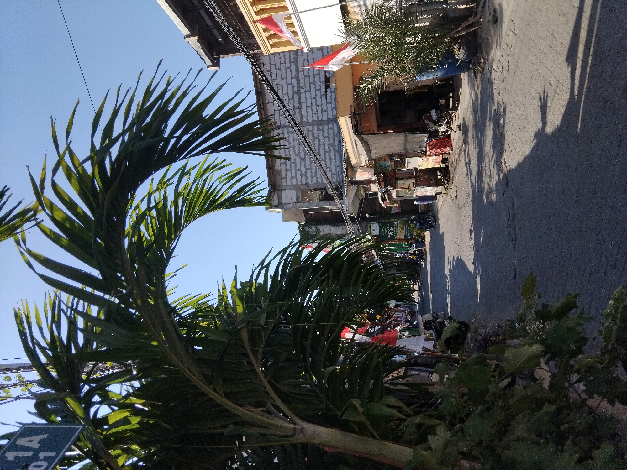 The image depicts a street scene in Kepuh Kiriman, Indonesia, under a clear blue sky. A palm tree with long, green fronds dominates the left side of the frame, casting shadows on the paved street. To the right, a row of buildings lines the street, featuring an architectural style with exposed brick and plastered walls. Several Indonesian flags, red and white, are prominently displayed on poles extending from the buildings. Various small shops and stalls are visible along the street, with some motorcycles parked in front of them. The street itself appears to be made of interlocking pavers. A street sign with the text "1A 01" is visible on the left side of the image, partially obscured by the palm fronds. The overall impression is a moderately busy street in a residential or commercial area during the daytime.