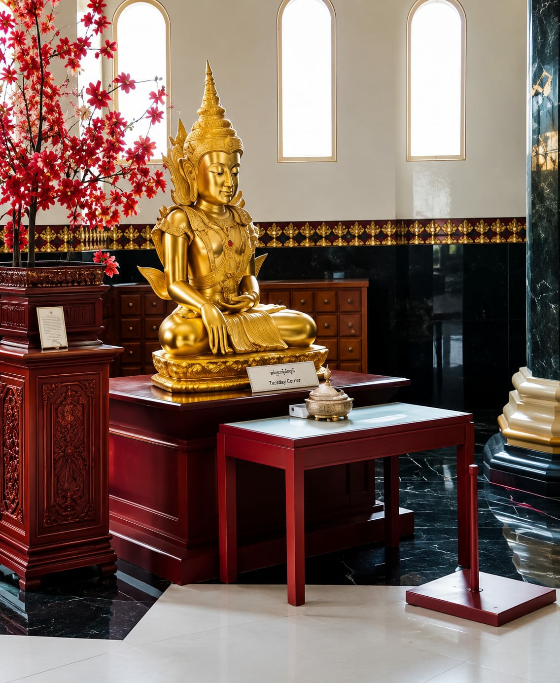 A golden Buddha statue is seated on a dark red pedestal in a room with a polished marble floor. To the left of the Buddha, a decorative red tree with red flowers stands in a dark red, carved wooden stand. In front of the Buddha, a small, red-legged table with a white top holds a golden incense burner. Behind the Buddha, wooden cabinets with multiple drawers line the wall. Three tall, arched windows with white translucent panes are visible on the wall behind the cabinets. The overall setting appears to be a temple or a place of worship in Dolat Rayat, Indonesia.