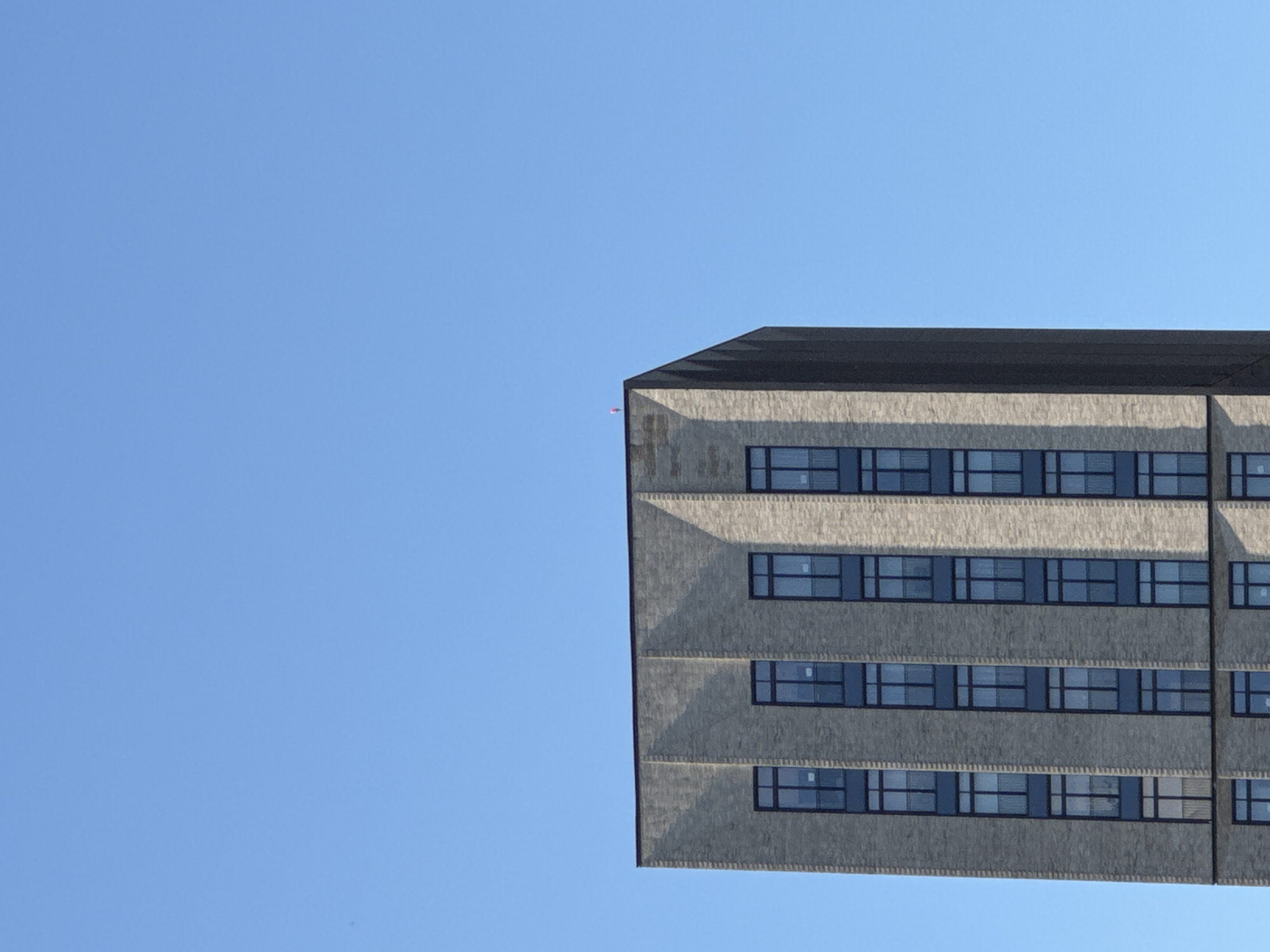 The image depicts a partial view of a modern high-rise building under a clear blue sky. The building, identified as part of the "Life Botanichesky Sad" residential complex in Moscow, Russia, occupies the lower and right portions of the frame, with its corner and two facades prominently displayed. The visible exterior is constructed from light grey brick, featuring prominent vertical architectural elements that create a pattern of alternating shadows and illuminated sections, suggesting a strong directional light source from the upper right. Multiple dark-framed rectangular windows are uniformly arranged in vertical stacks along the building's visible height. The roofline is flat and dark, with a small, slender, red cylindrical object, possibly an antenna or warning light, situated at its leading edge near the top-left corner of the visible structure. The sky is uniformly light blue and cloudless, encompassing the majority of the upper frame. No people, animals, or active interactions are discernible within the scene.