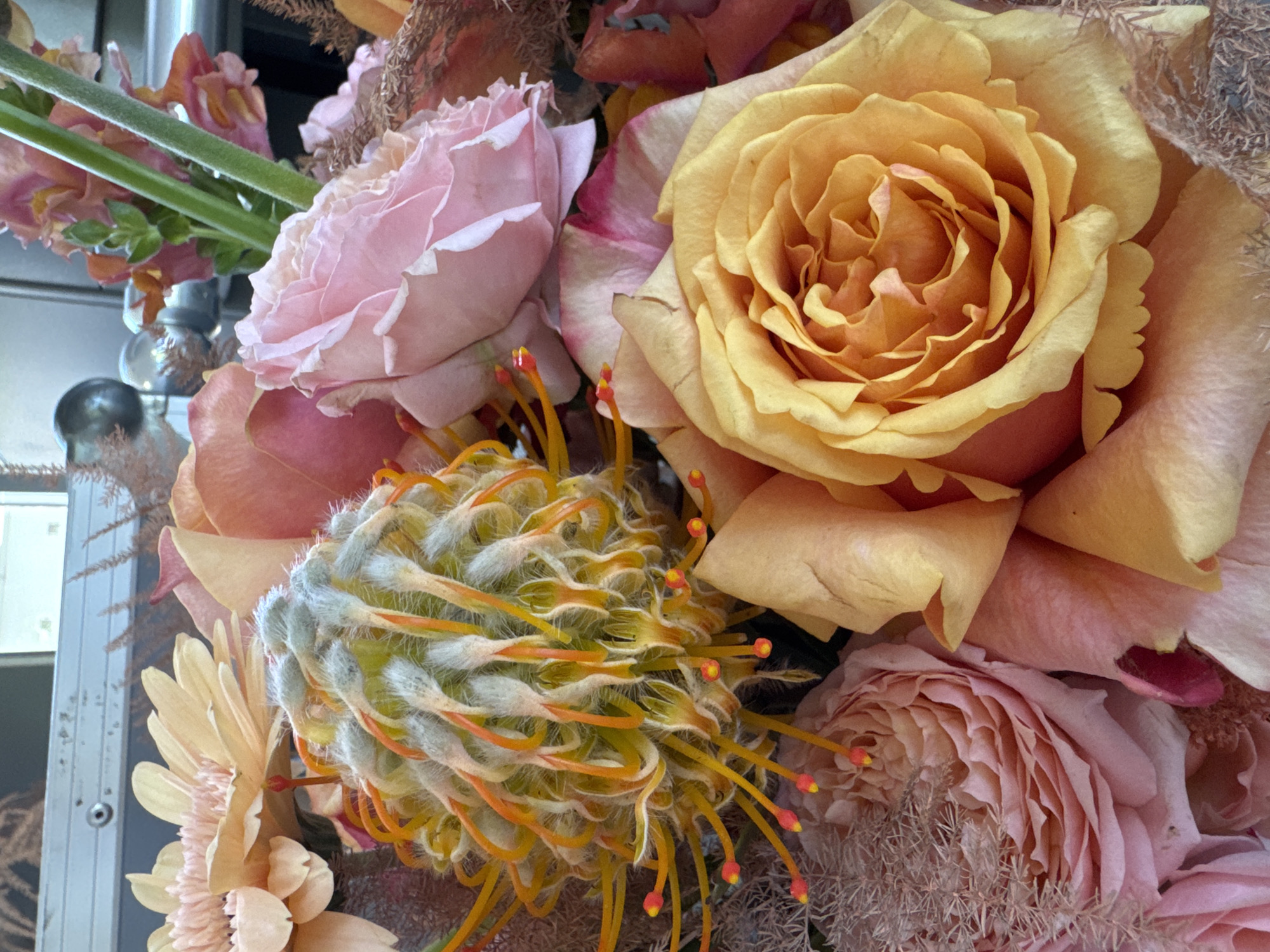 The image shows a close-up of a flower arrangement. The arrangement includes several roses in shades of pink, peach, and yellow. Additionally, there is a pincushion protea with distinctive, fuzzy grey-green bracts and orange-yellow styles tipped with red. A peach-colored gerbera daisy is also visible. The specific location in Burgas, Bulgaria, is not discernable from this image.