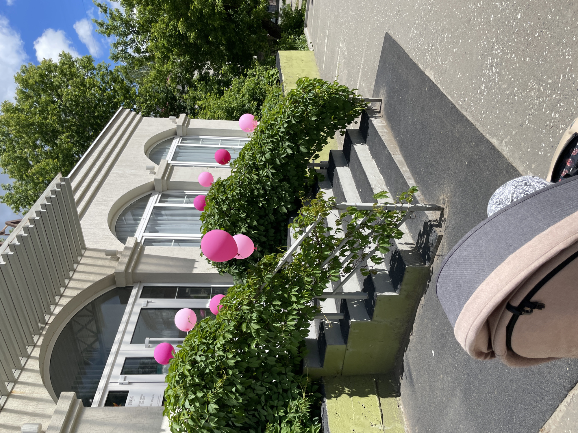 The photograph shows the exterior of a building with light-colored walls and arched windows, decorated with green vines and pink balloons. The building appears to have an entrance with glass doors. The vines cover a set of stairs with black and white striped risers and a green base. A metal handrail is visible along the stairs. A stroller or a bag rests on the pavement next to the stairs. The photograph was taken in Izhevsk, Russia.