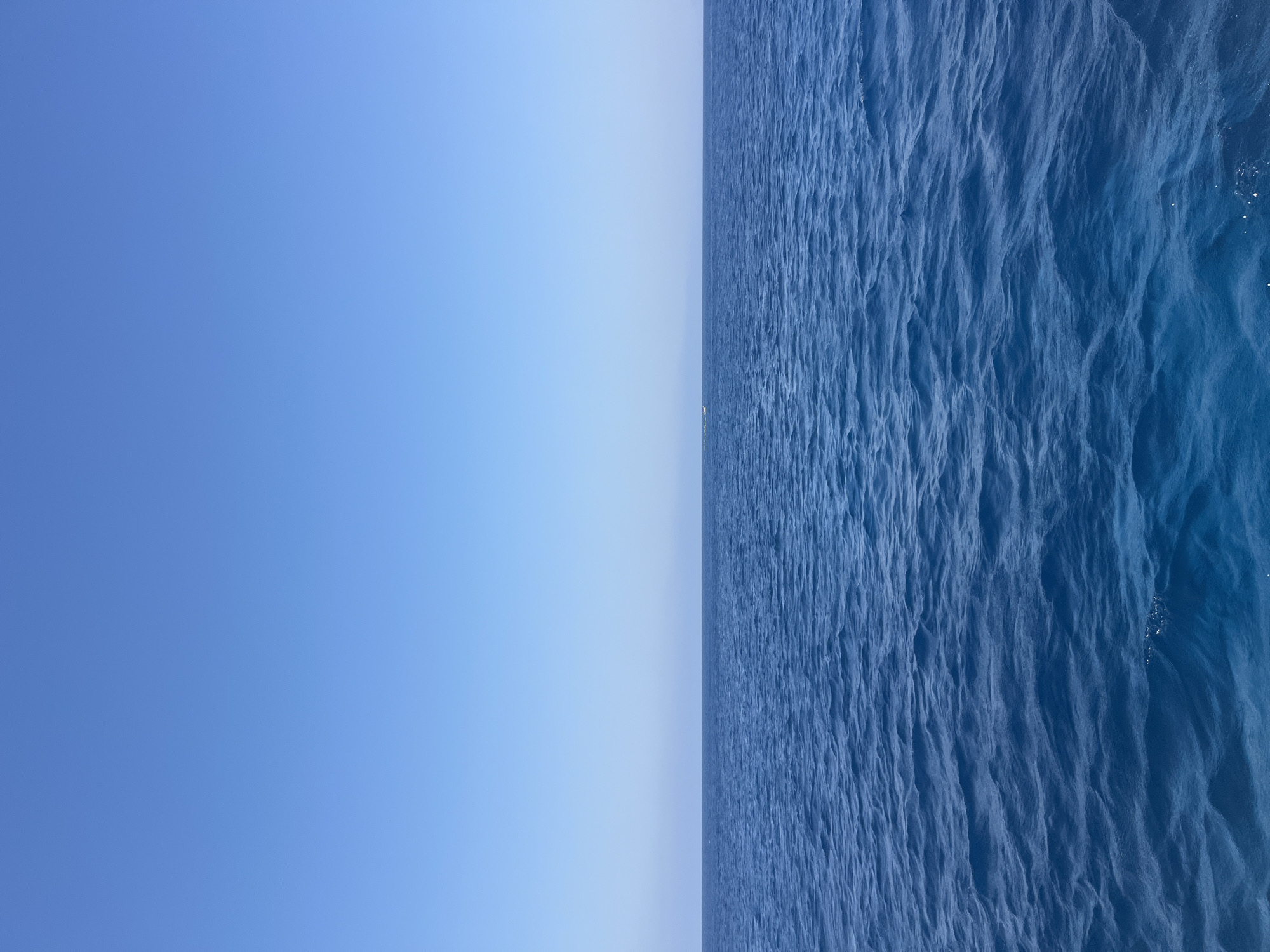The image depicts a vast expanse of calm blue ocean under a clear, bright blue sky. The horizon line is sharp, dividing the water from the sky. A small, distant white boat is visible on the left side of the horizon. The water exhibits subtle ripples, indicating a gentle movement. The lighting suggests it is daytime, likely late morning or early afternoon, with the sun high in the sky. The scene is a panoramic view of the sea, evoking a sense of serenity and open space. The location is specified as Neo Chorio, Cyprus, which is a coastal area known for its clear waters and scenic sea views.