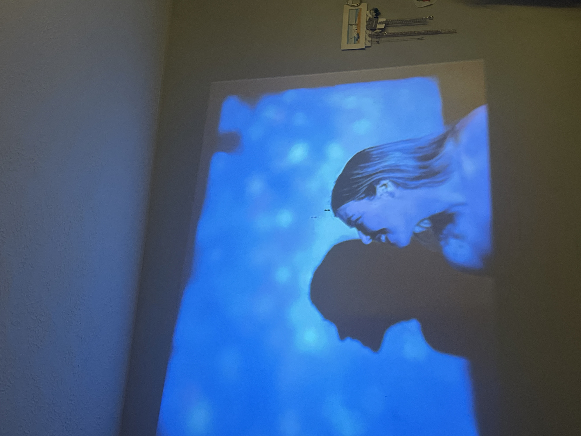 A projected image fills the central part of the frame, featuring a woman's head and shoulder against a blue, textured background. A dark shadow of a person's head and shoulders partially obscures the projected image in the lower right. The projection is on a wall in a room, with the walls visible on the left and right edges of the frame. Above the projection on the right wall, there are some small decorative items. The location is unknown.