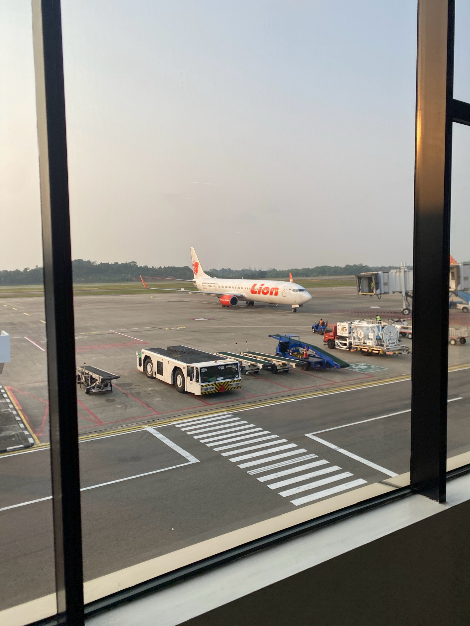 An airplane with "Lion" branding on its side is parked at an airport gate. The plane is white with orange accents and a red lion logo on its tail. A jet bridge extends from the terminal to the airplane. In the foreground, there are various airport vehicles, including a baggage tractor, a tow truck, and a refueling truck. The scene is viewed through a window, with dark frames on the left and right edges of the image. The background shows a runway, trees, and a hazy sky. The location is likely Batam International Airport in Batam, Indonesia, given the presence of Lion Air, a major Indonesian airline.